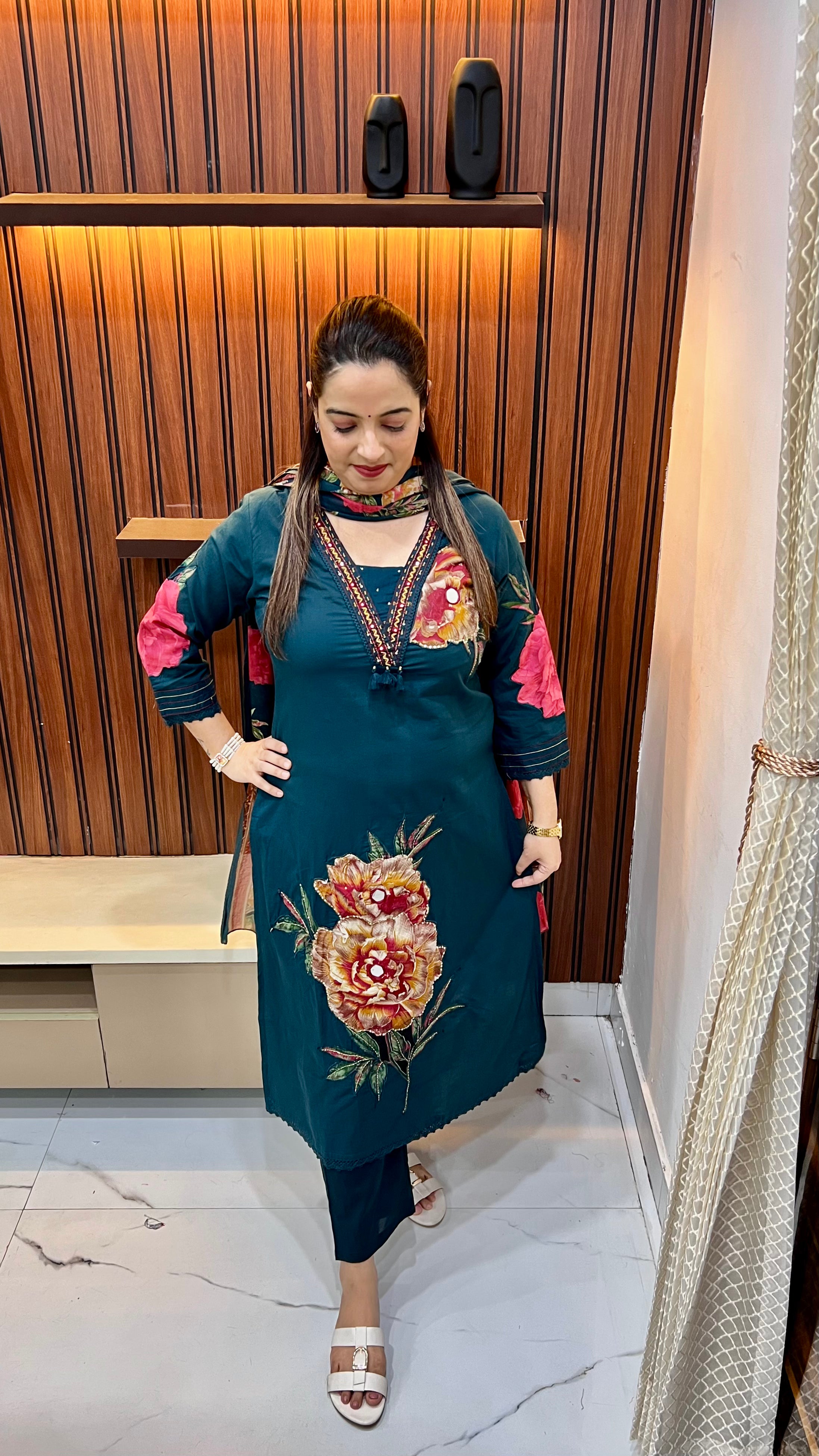 Pure Cotton Hand-Embroidered Floral Suit