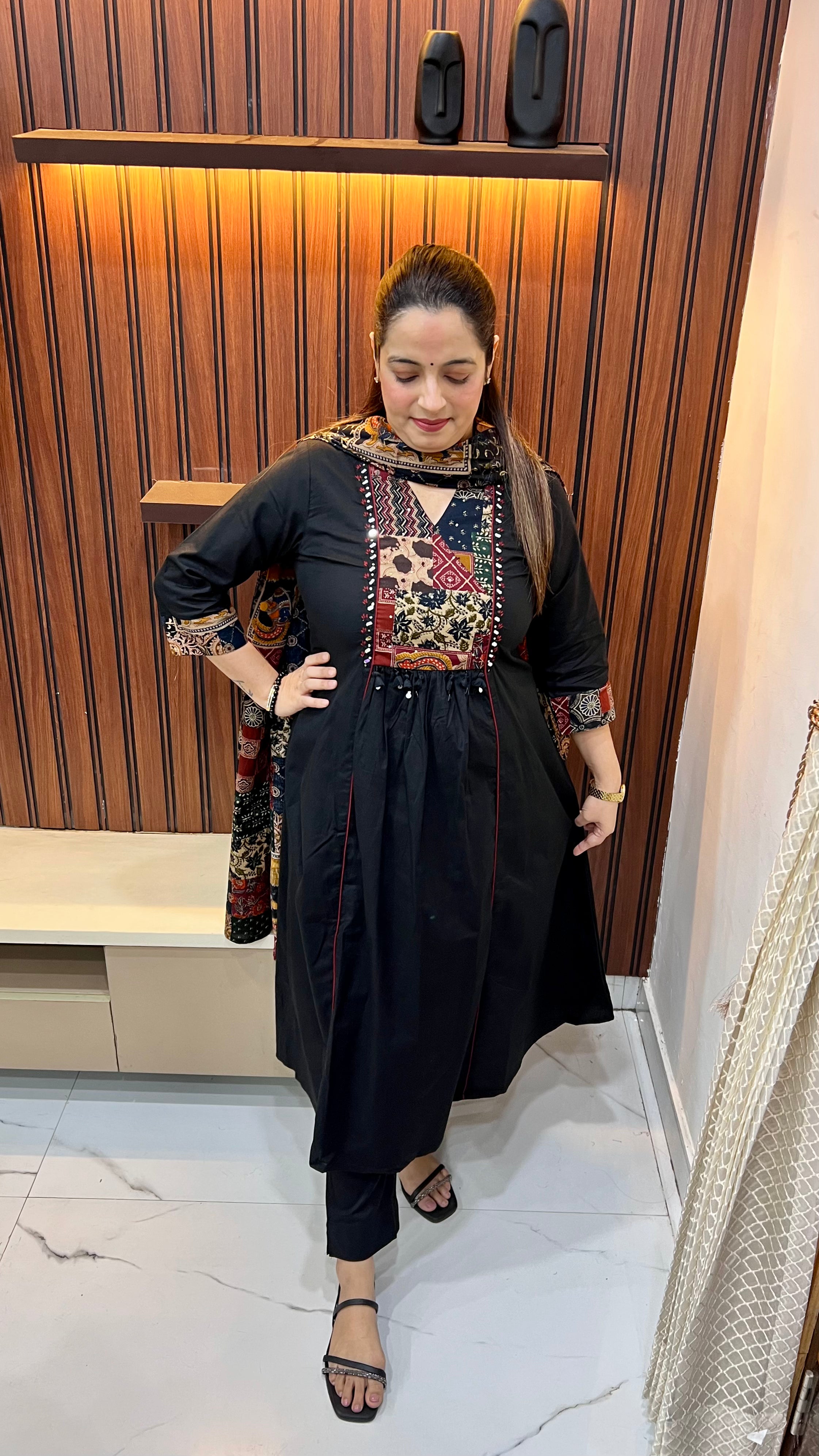 Premium Cotton Kalamkari Suit with Real Mirror Work