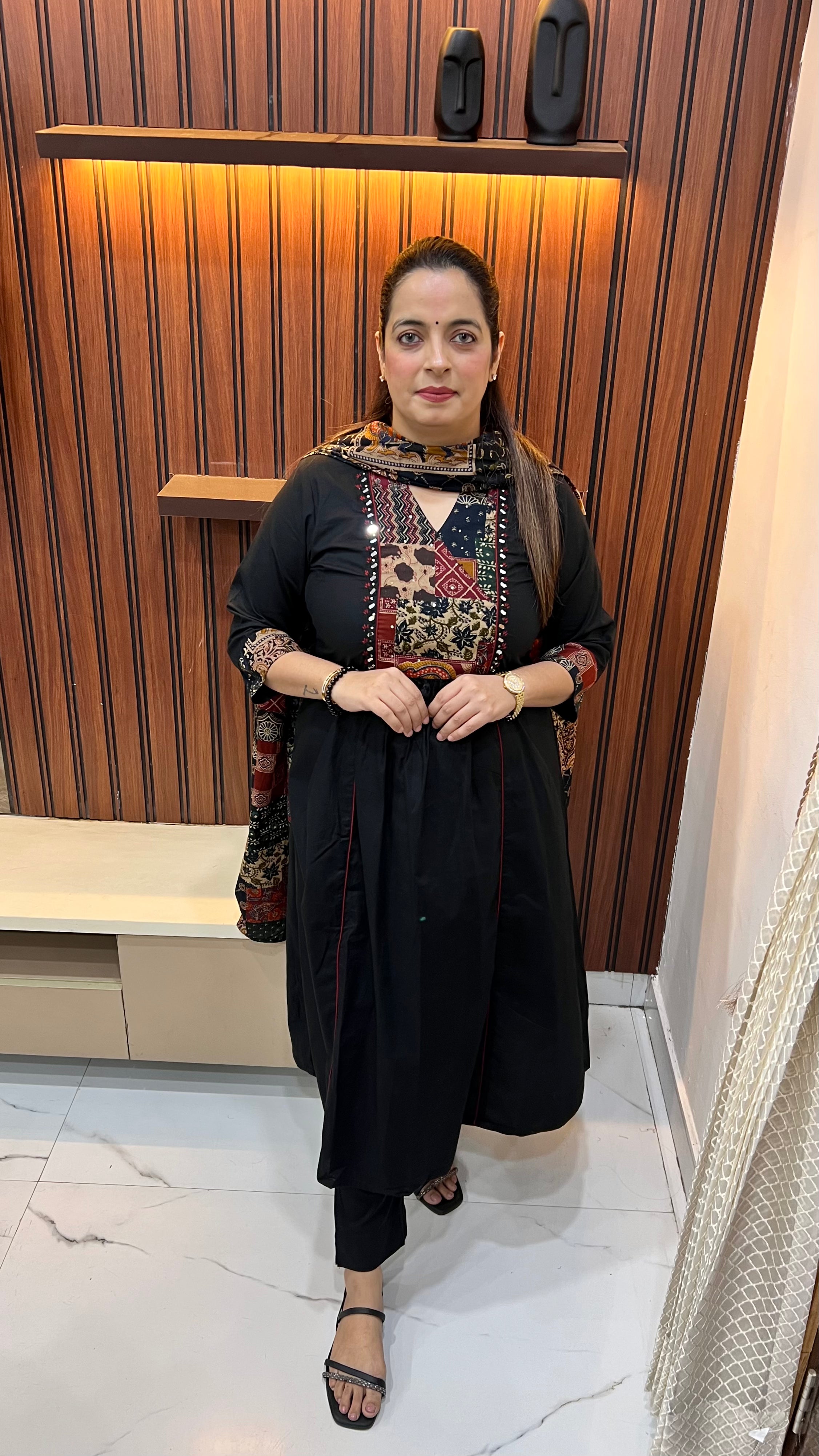 Premium Cotton Kalamkari Suit with Real Mirror Work