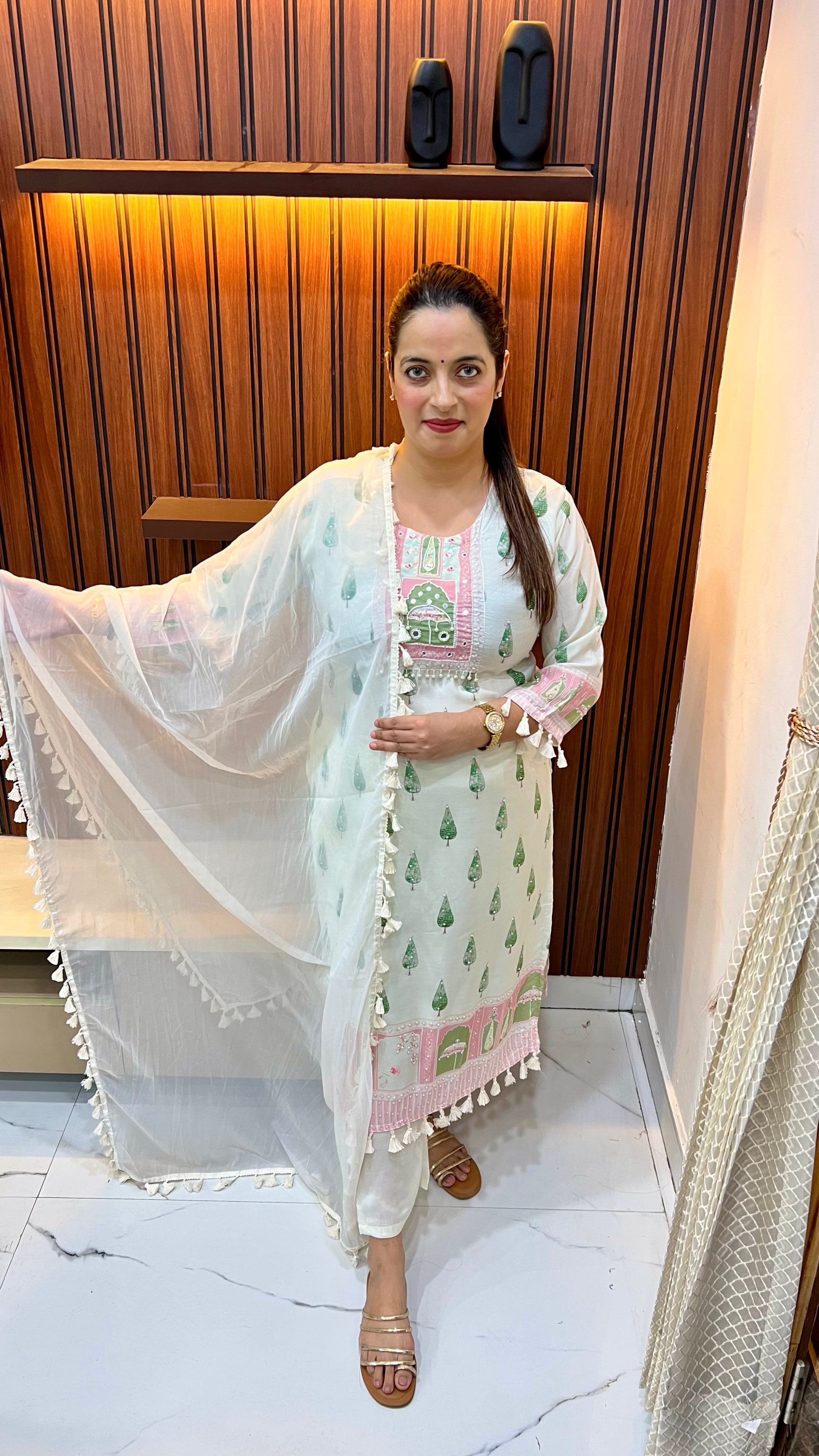 Natural Crepe Suit with Authentic Ajrakh Art