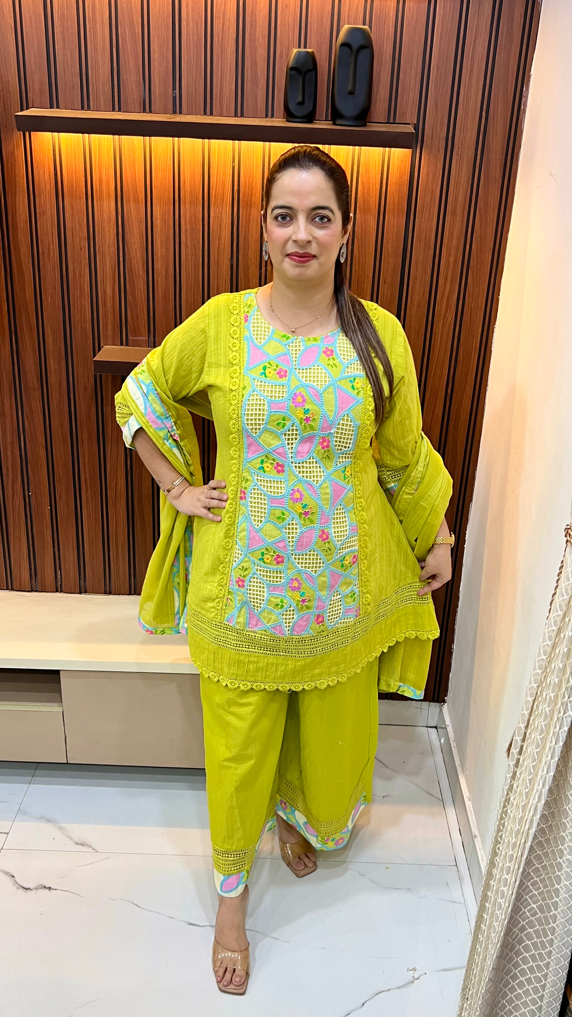 Pure Cotton Floral Suit with Crochet & Threadwork