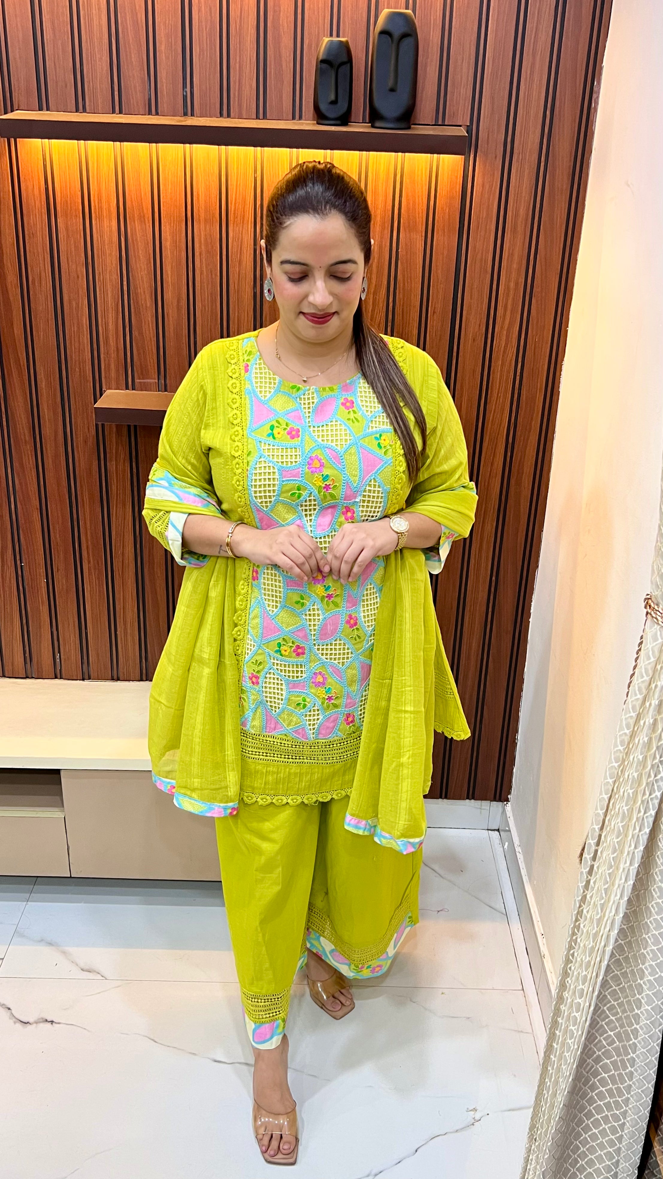 Pure Cotton Floral Suit with Crochet & Threadwork