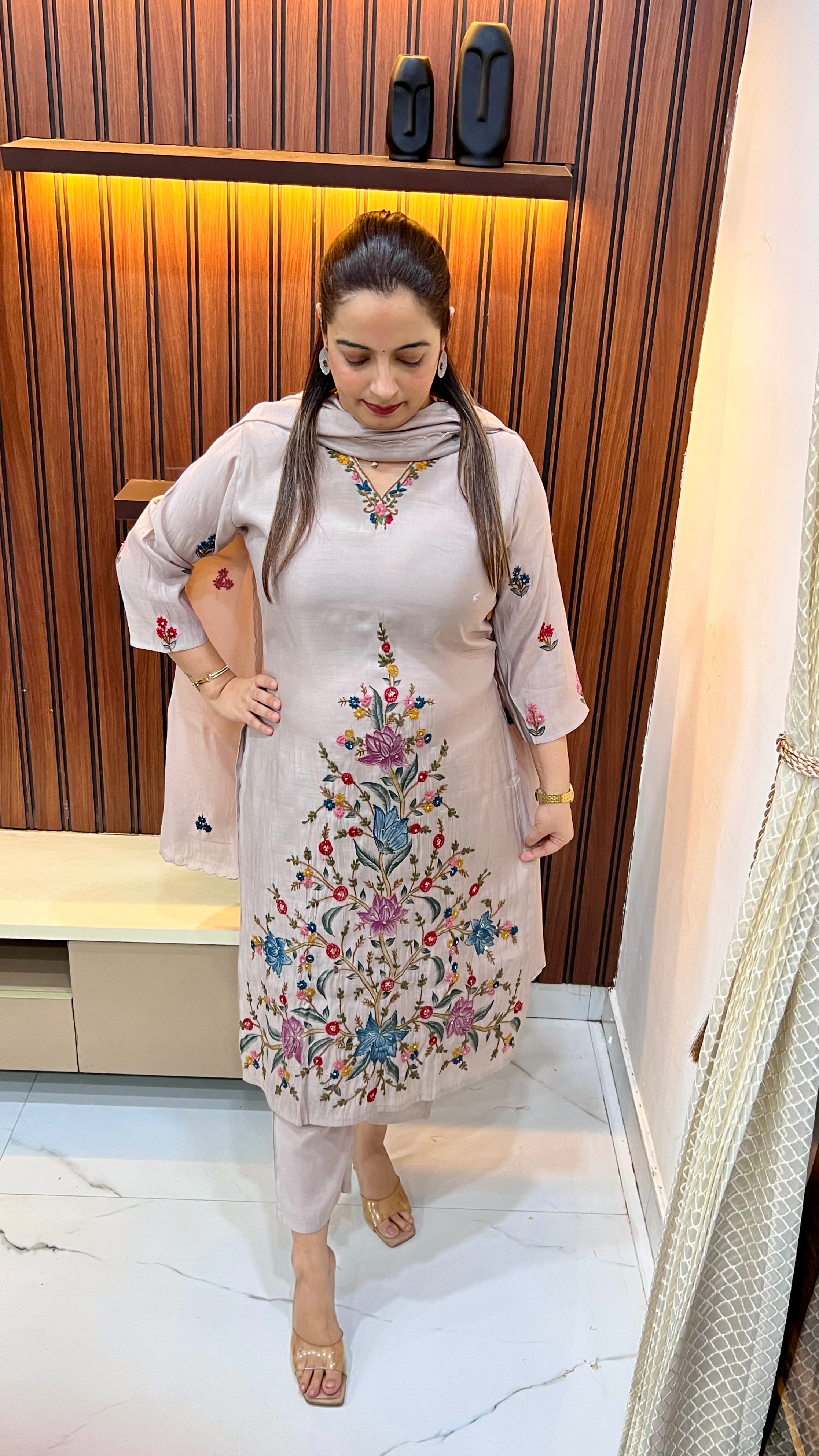 Mul Chanderi Suit with Kantha & Kolkata Knot Artistry
