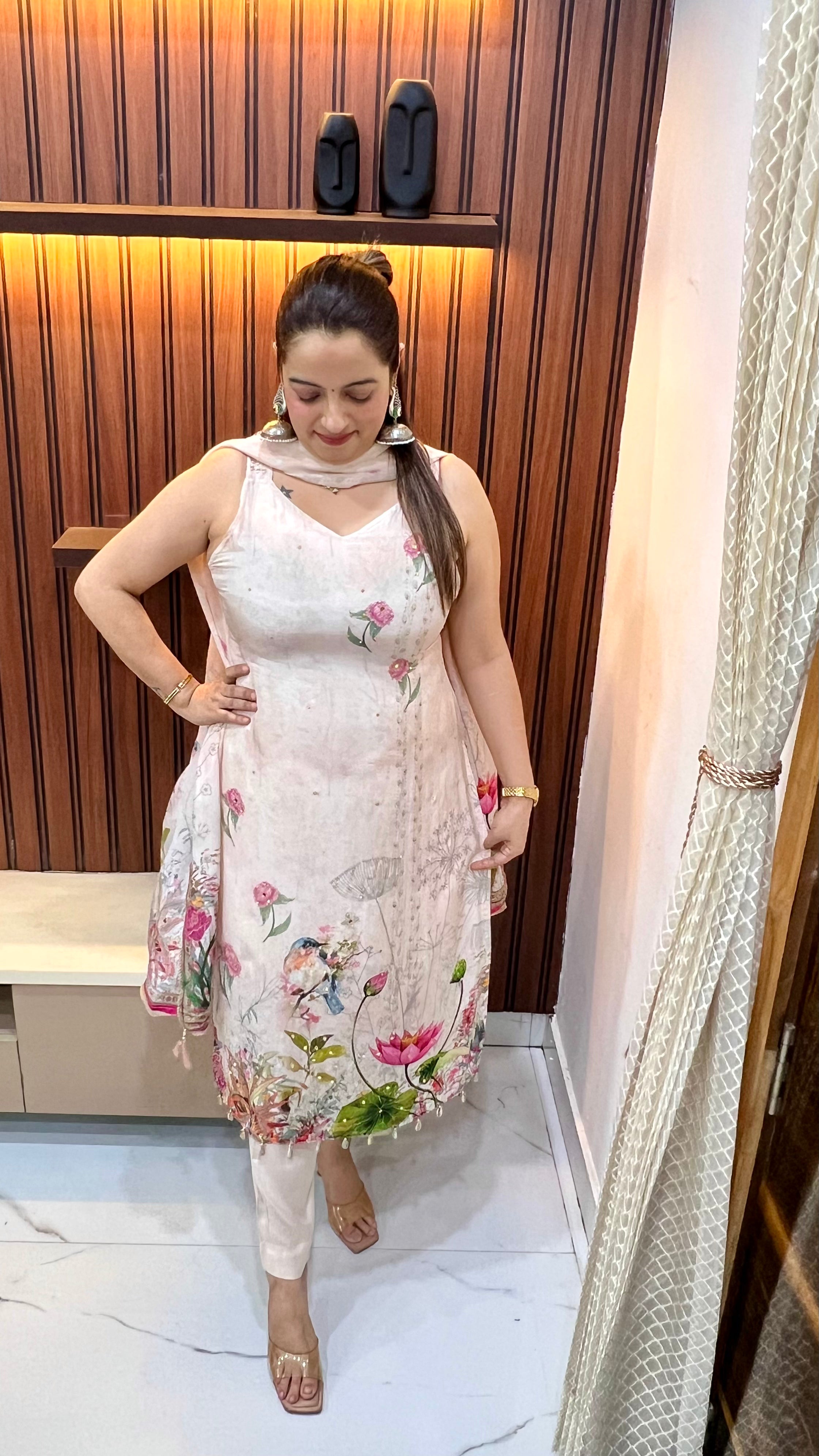 Natural Crepe Spaghetti Style Suit with Mirror & Kaudi Artistry