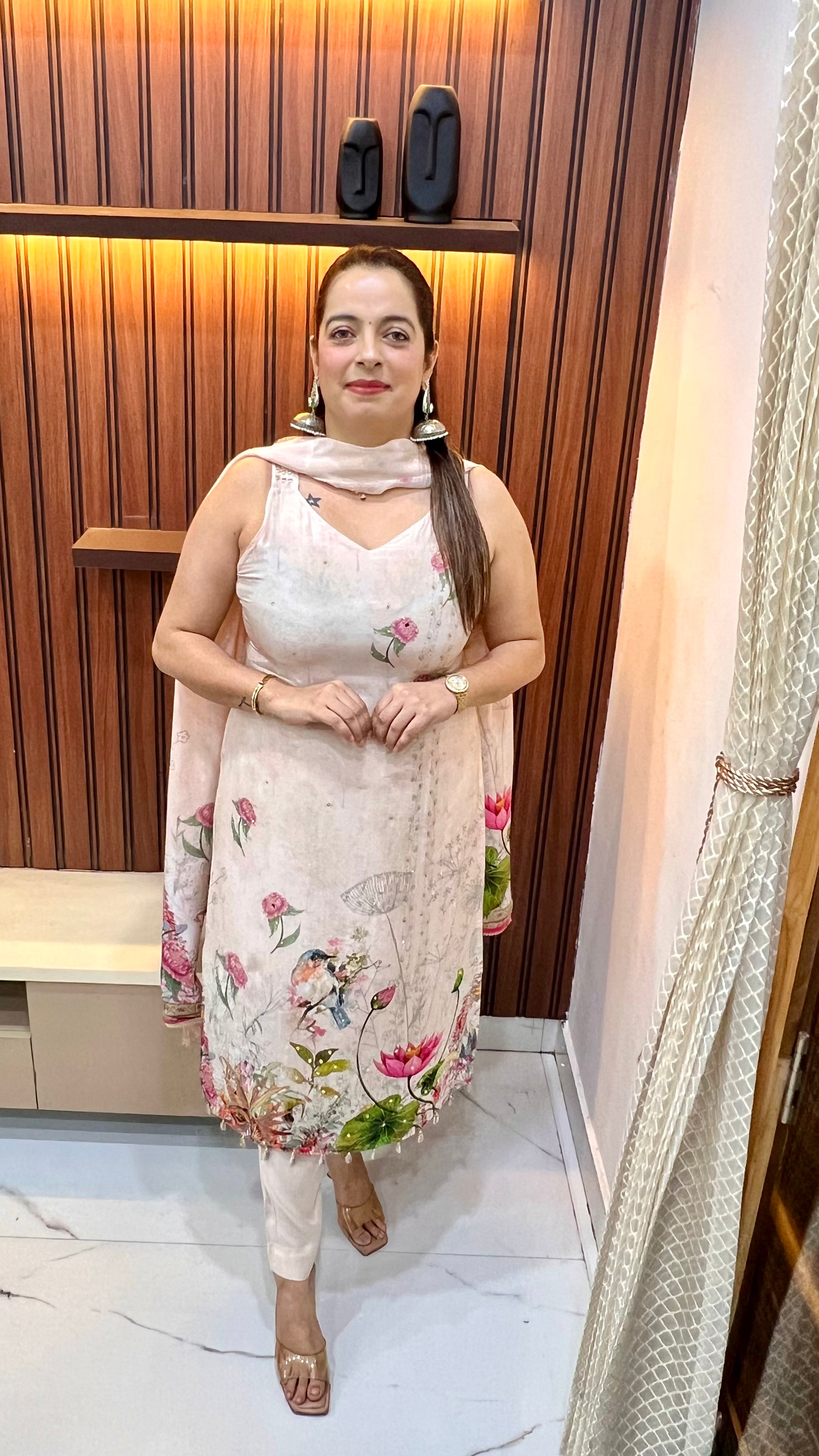Natural Crepe Spaghetti Style Suit with Mirror & Kaudi Artistry