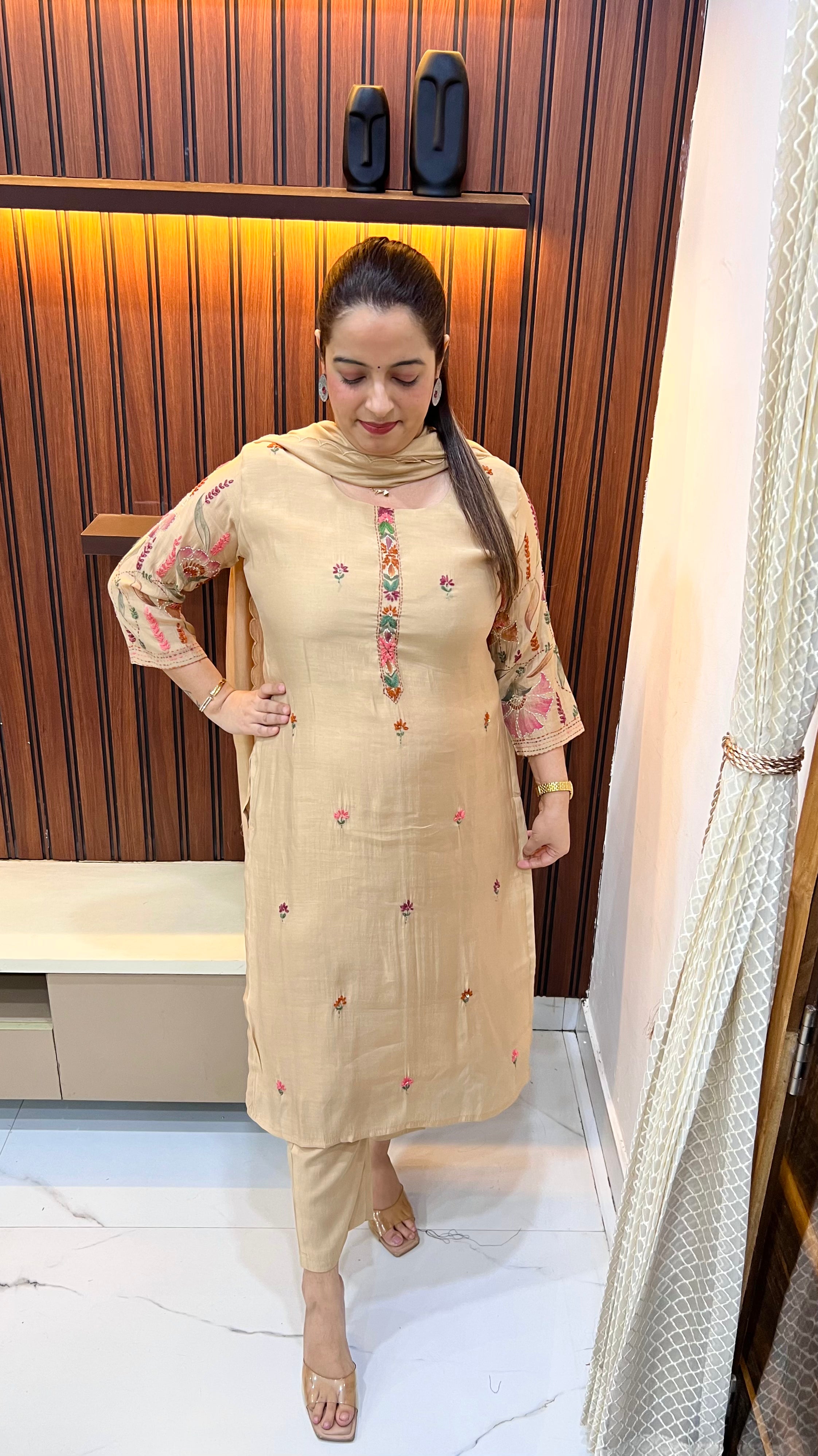 Mul Chanderi Suit with Brush Art & Kolkata Knot Detailing