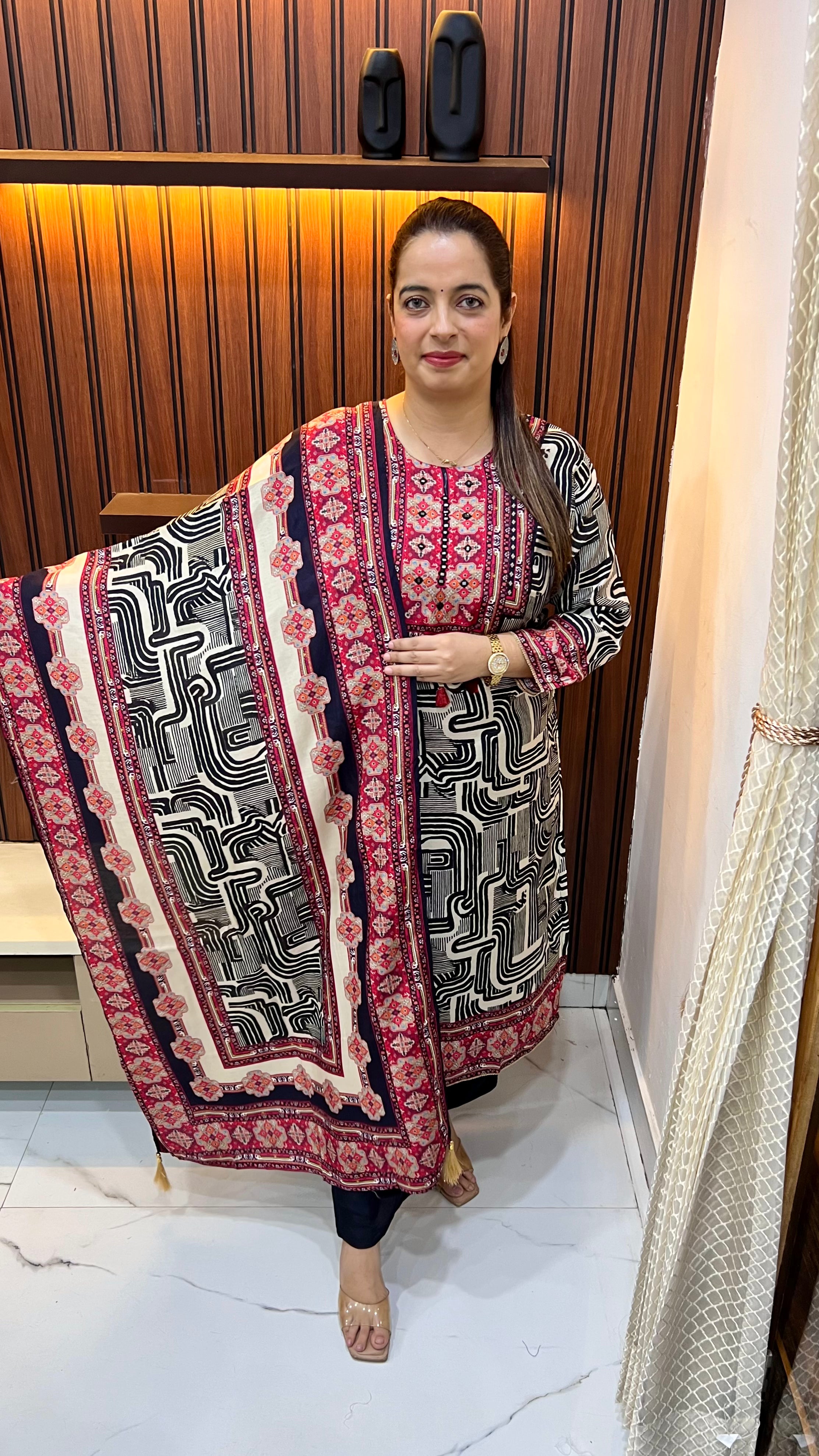 Natural Crepe Designer Suit with Kantha & Mirror Artistry