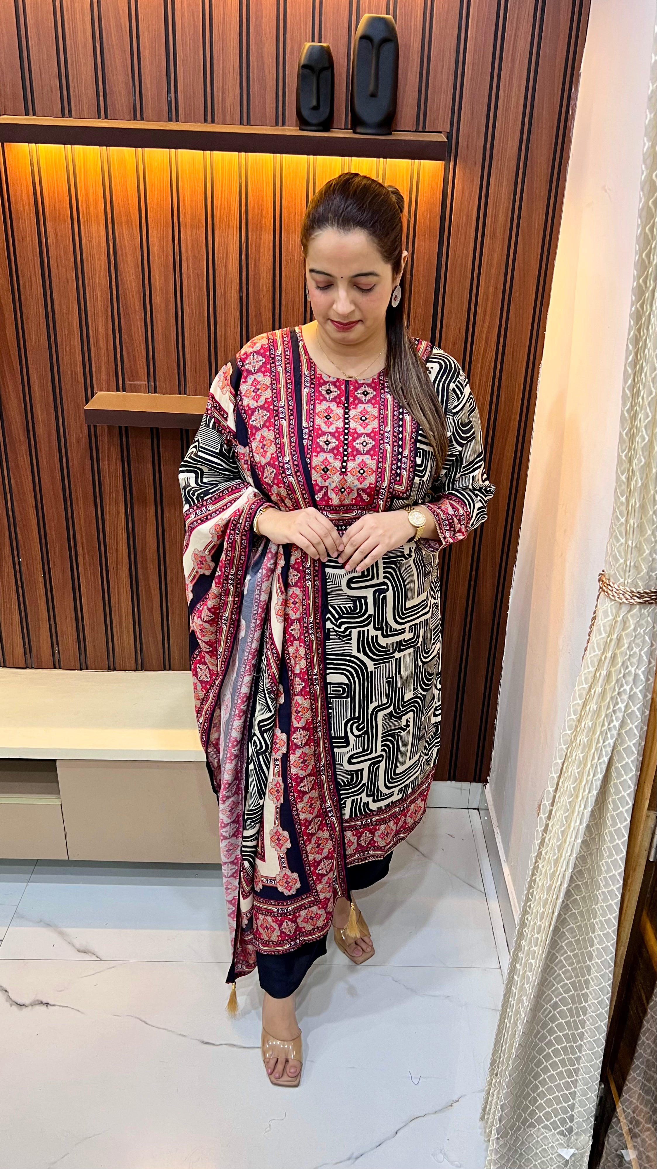 Natural Crepe Designer Suit with Kantha & Mirror Artistry