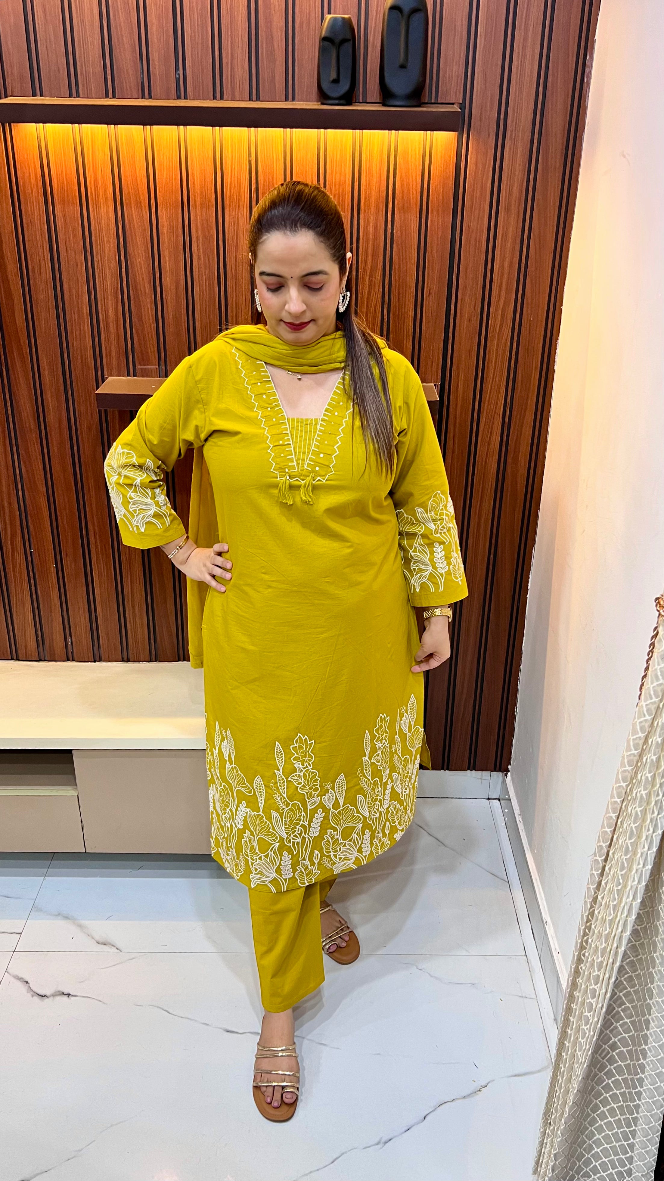 Flora Bloom: Pure Cotton Embroidered Suit