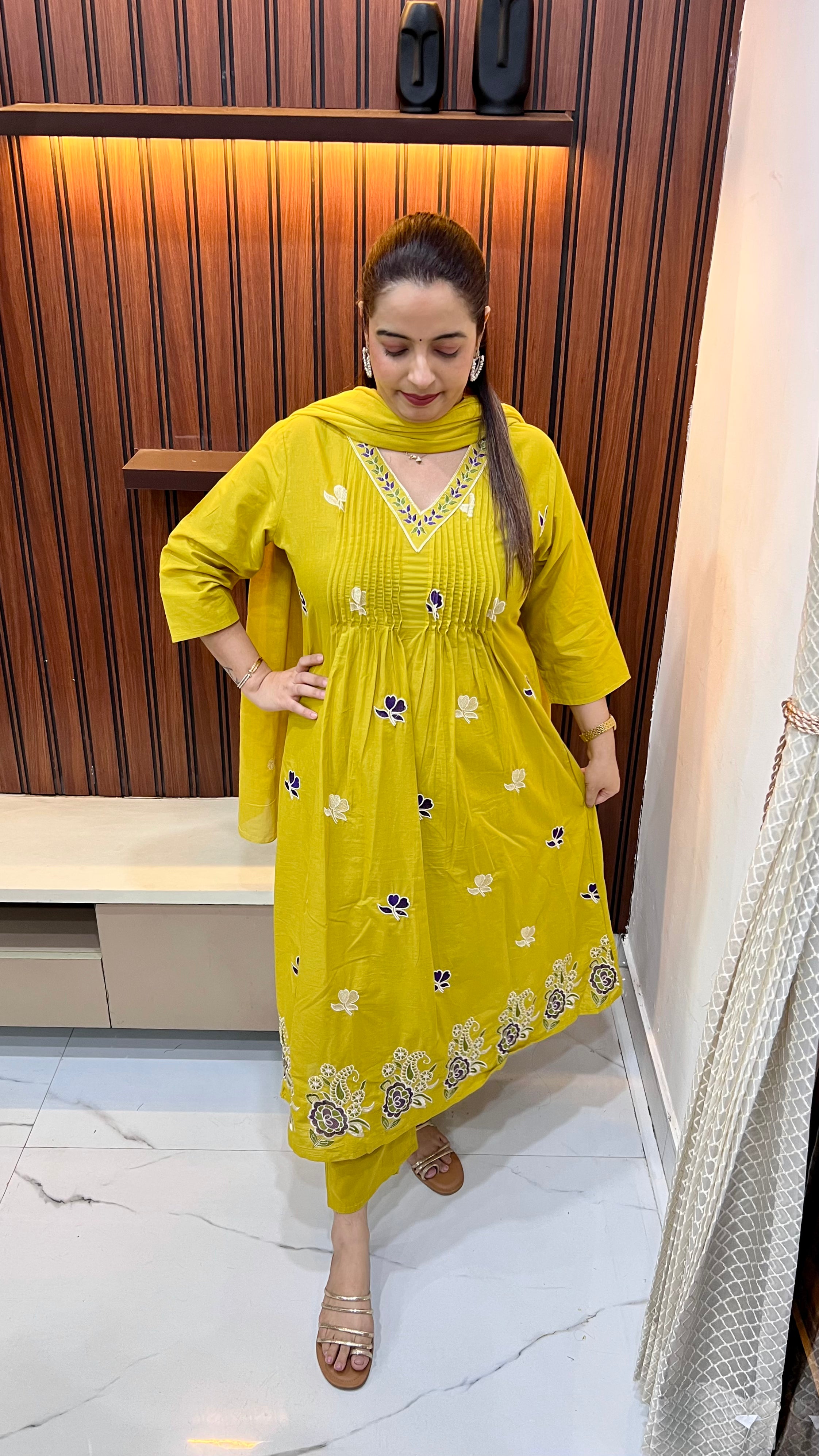 Floral Serenity: V-Neck Pure Cotton Embroidered Suit