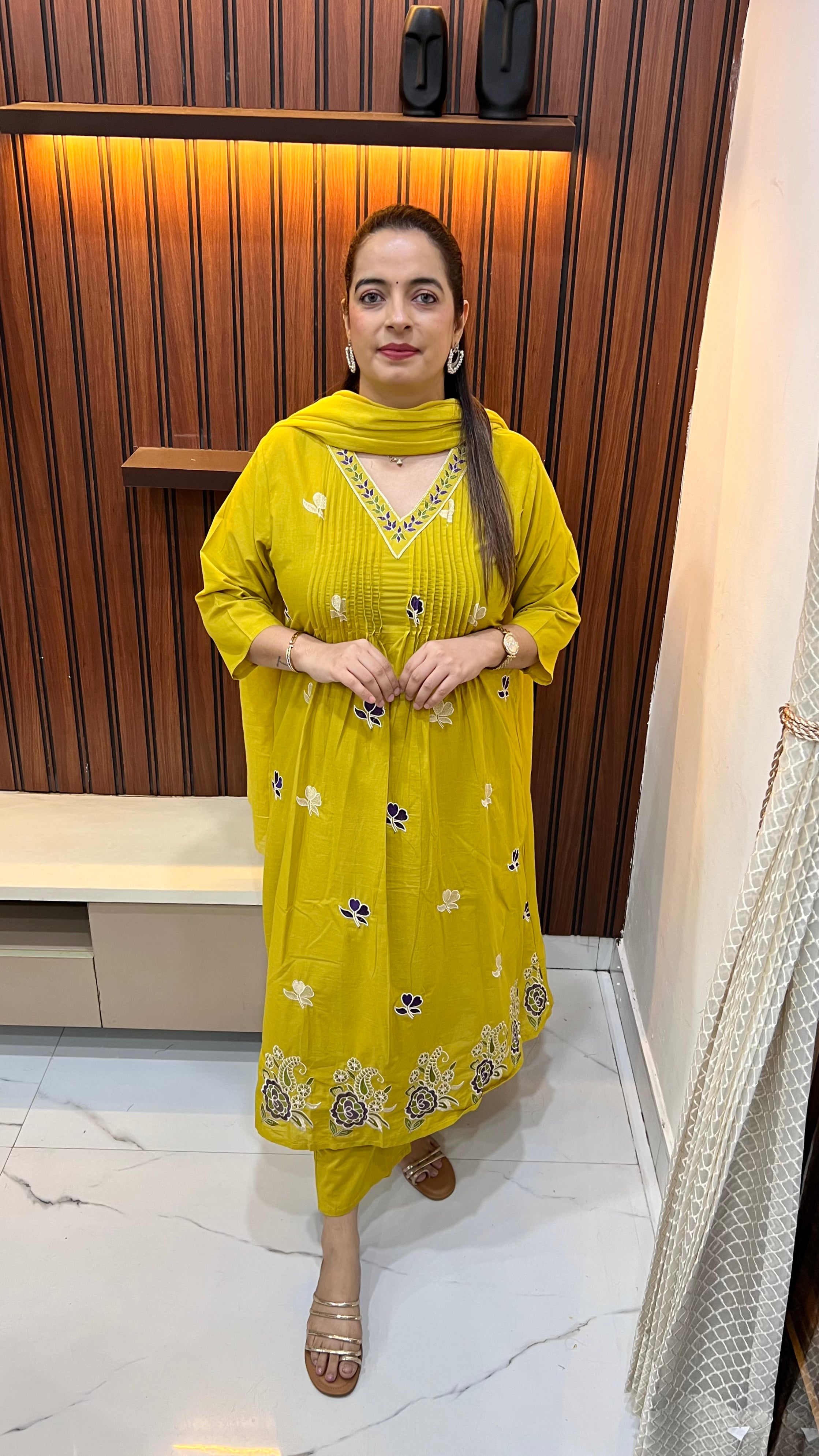 Floral Serenity: V-Neck Pure Cotton Embroidered Suit