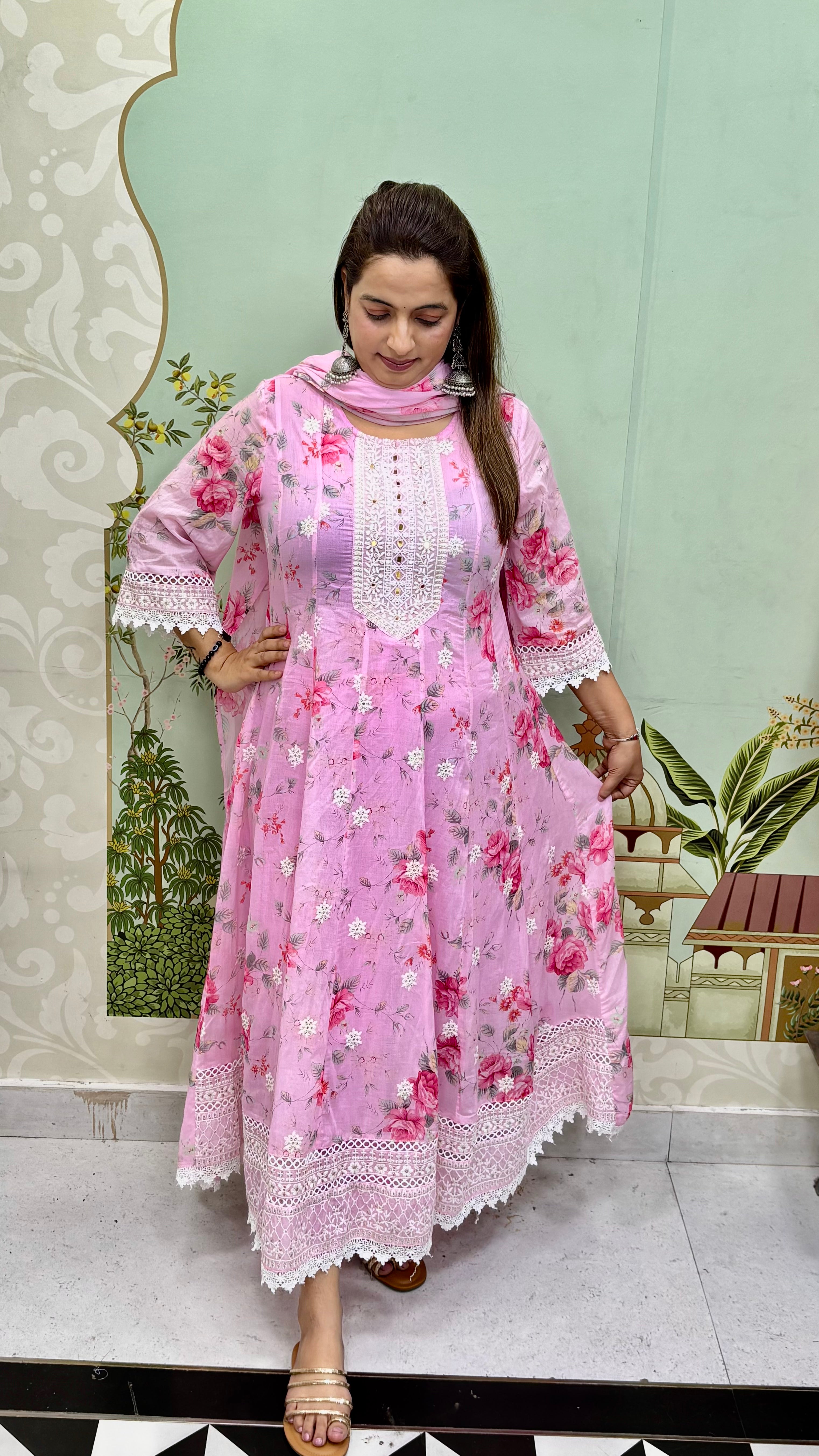 Mul Cotton Anarkali (Model Wearing Size L) — Lucknowi & Mirror Neck Work with Floral Print