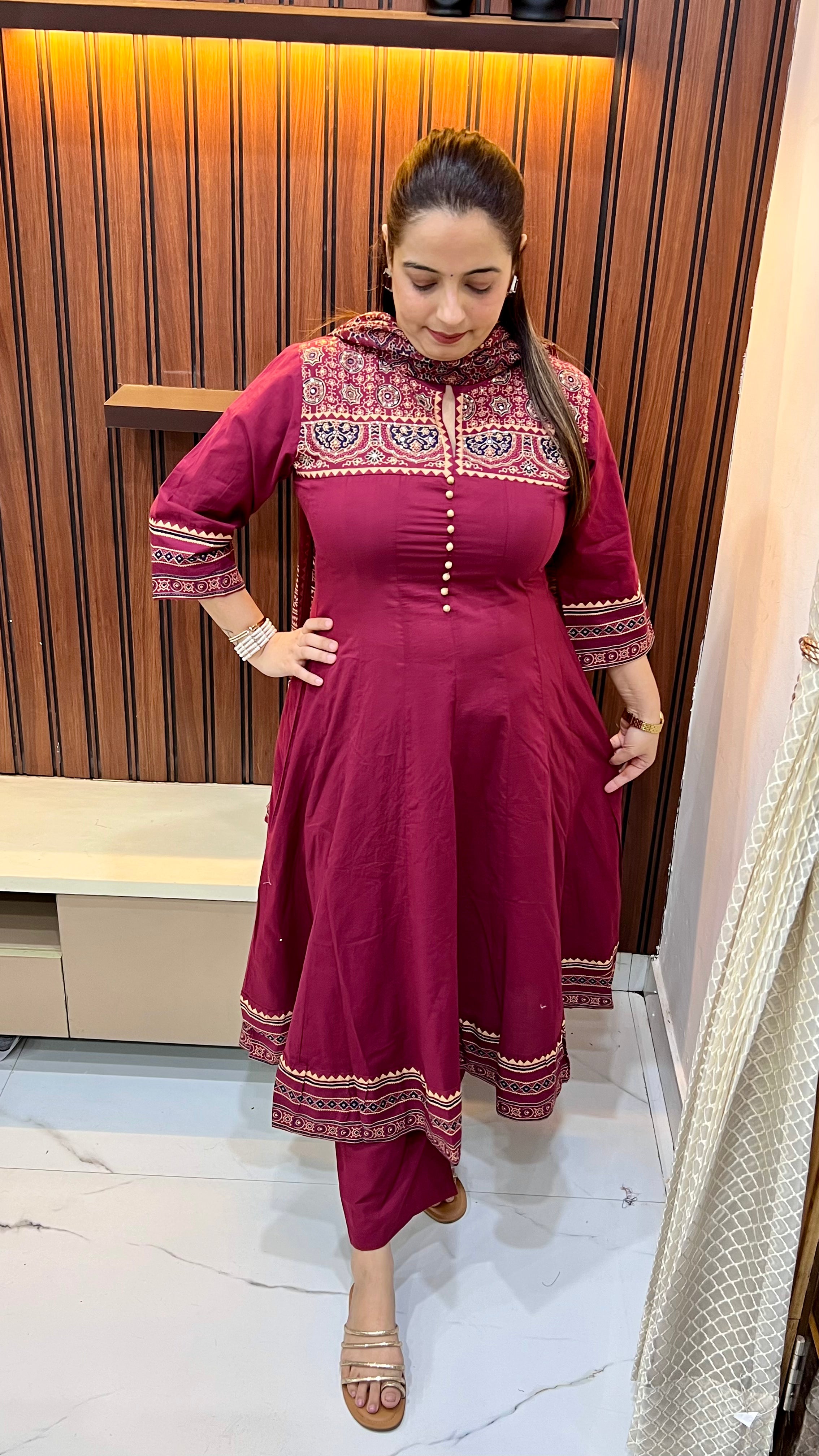 Artisanal Grandeur: Pure Cotton Ajrak Anarkali with Hand-Embroidered Detailing