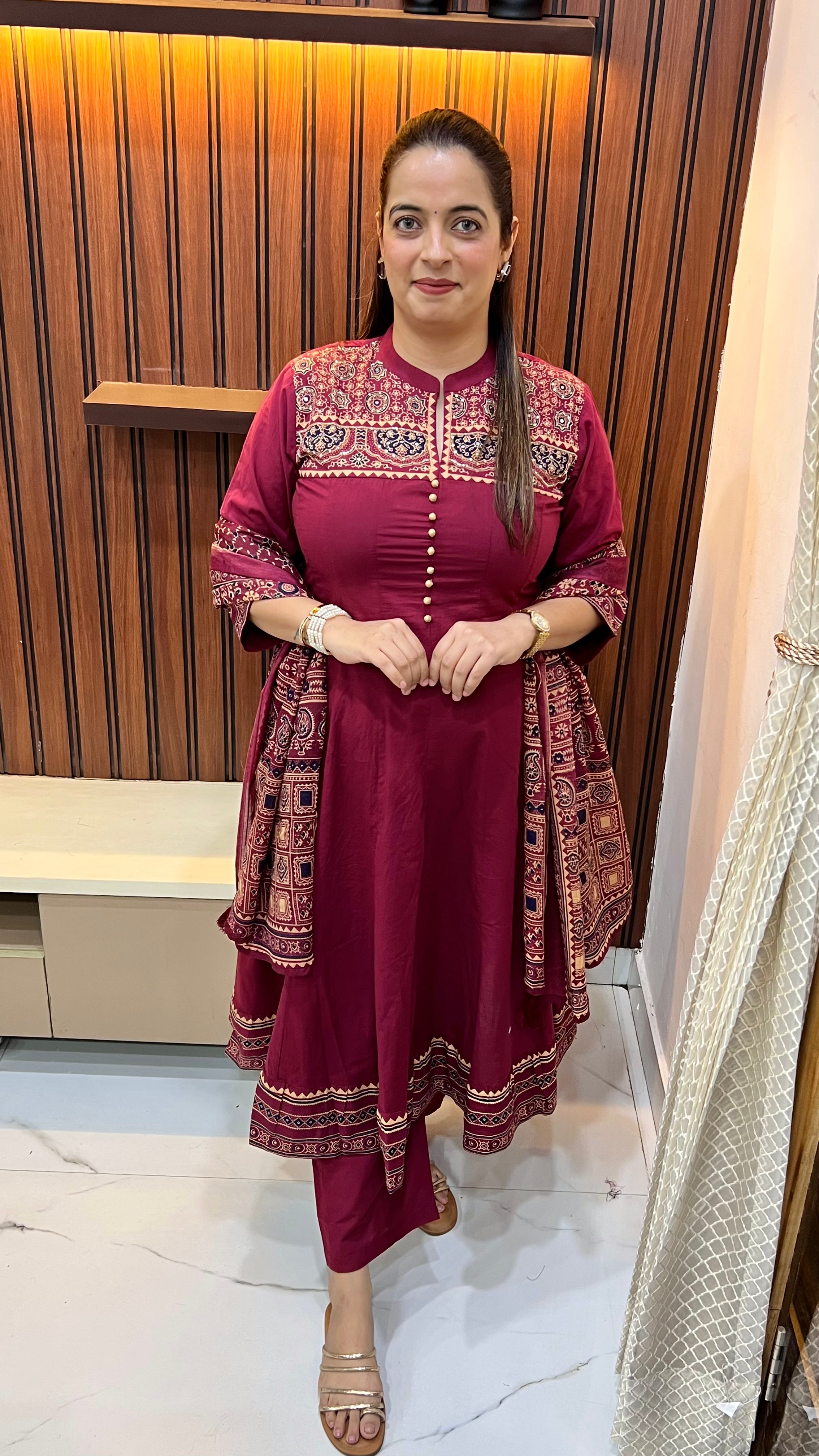 Artisanal Grandeur: Pure Cotton Ajrak Anarkali with Hand-Embroidered Detailing