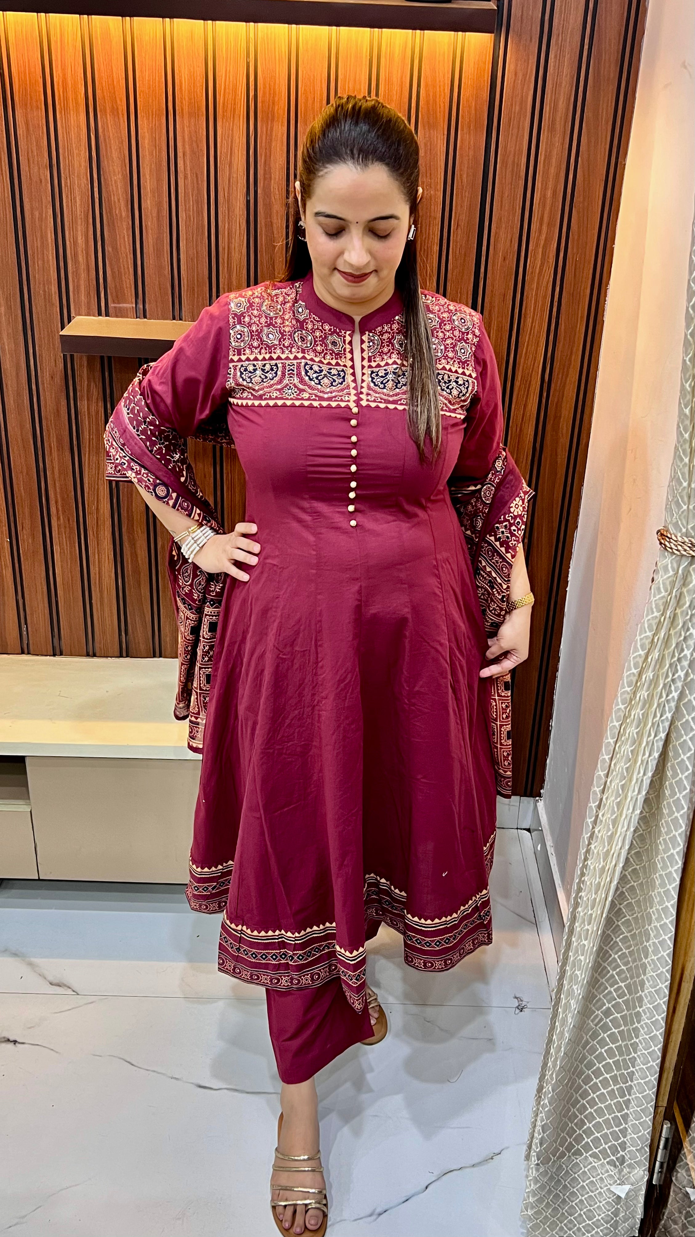 Artisanal Grandeur: Pure Cotton Ajrak Anarkali with Hand-Embroidered Detailing