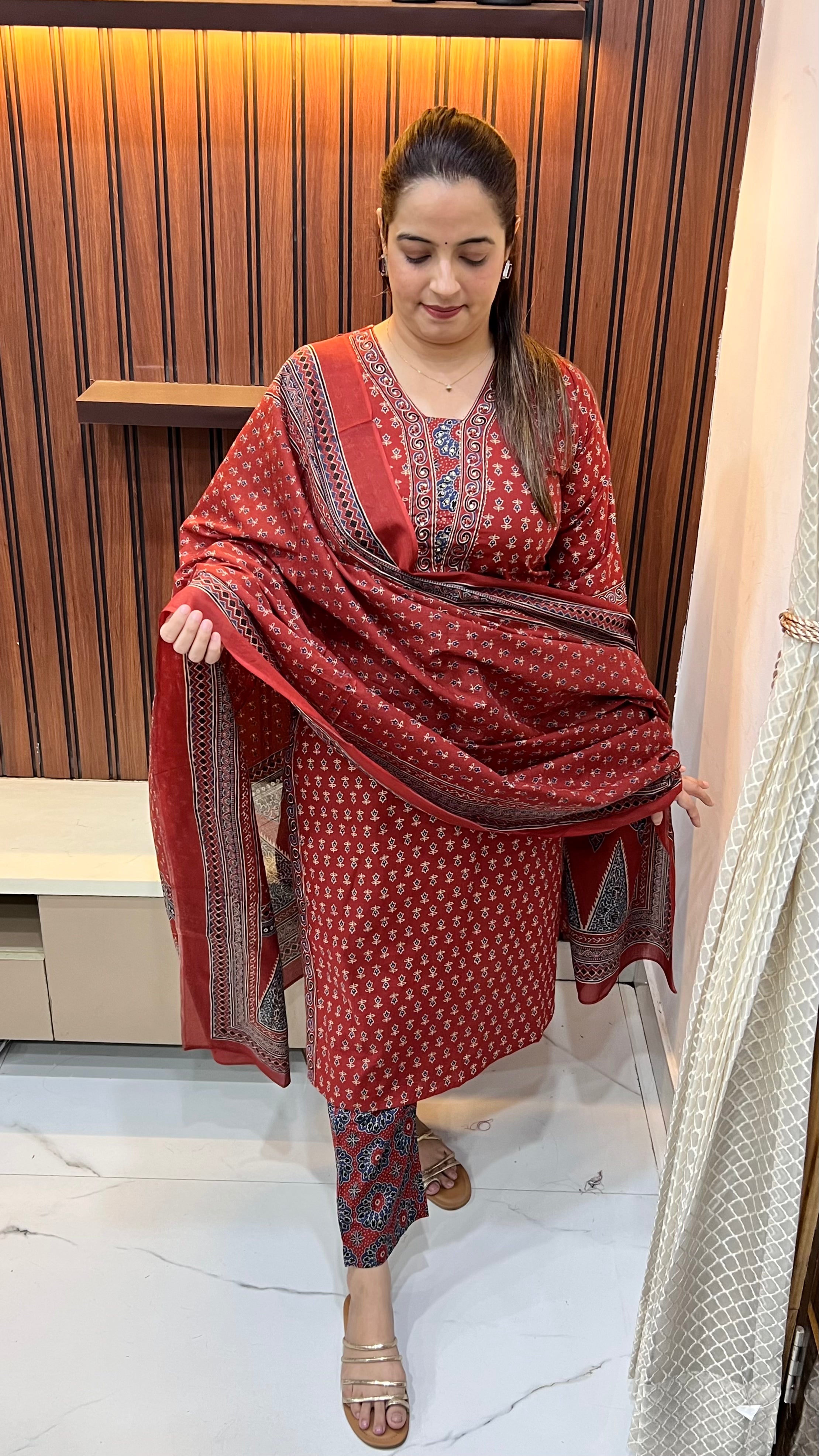 Heritage Artistry: Pure Cotton Dabboo Print Suit with Hand-Embroidered Neckline