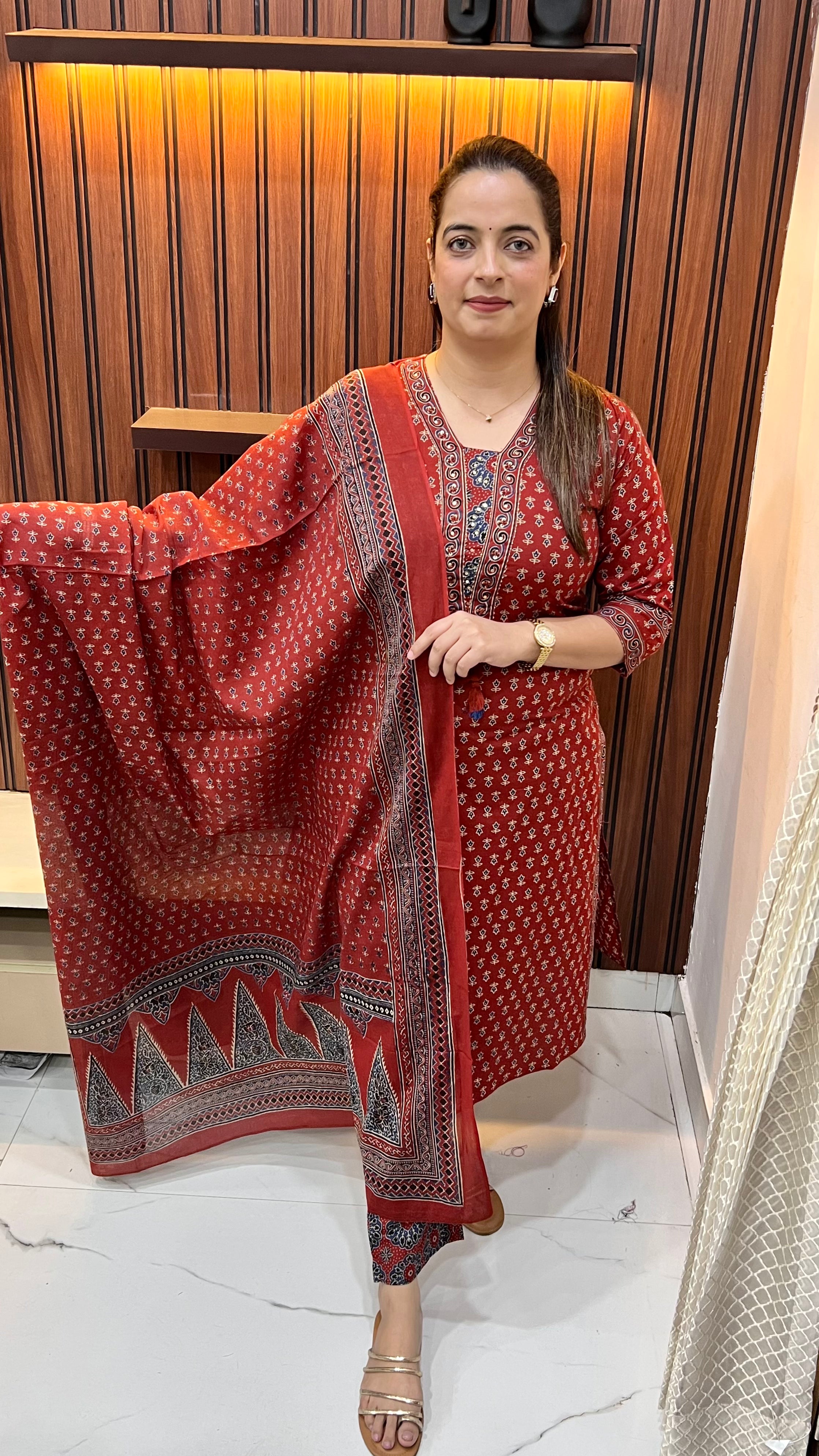 Heritage Artistry: Pure Cotton Dabboo Print Suit with Hand-Embroidered Neckline