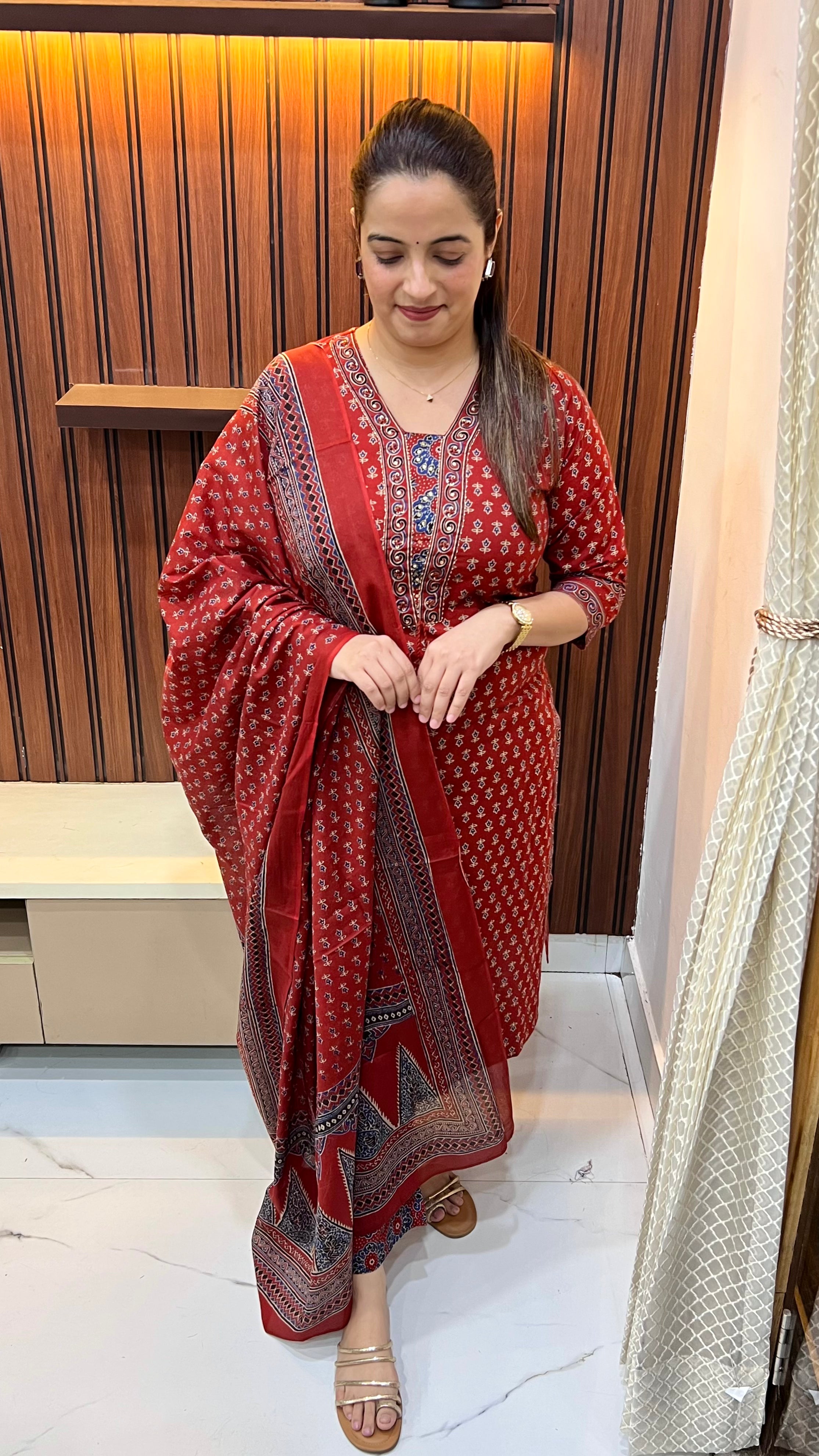 Heritage Artistry: Pure Cotton Dabboo Print Suit with Hand-Embroidered Neckline