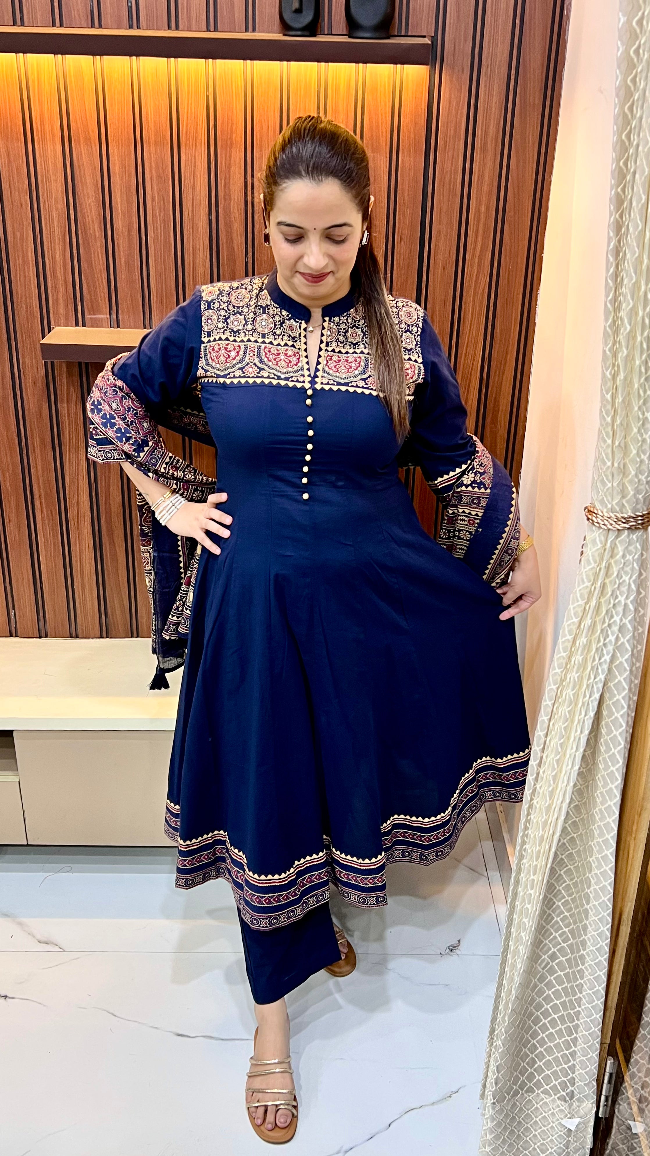 Artisanal Grandeur: Pure Cotton Ajrak Anarkali with Hand-Embroidered Detailing