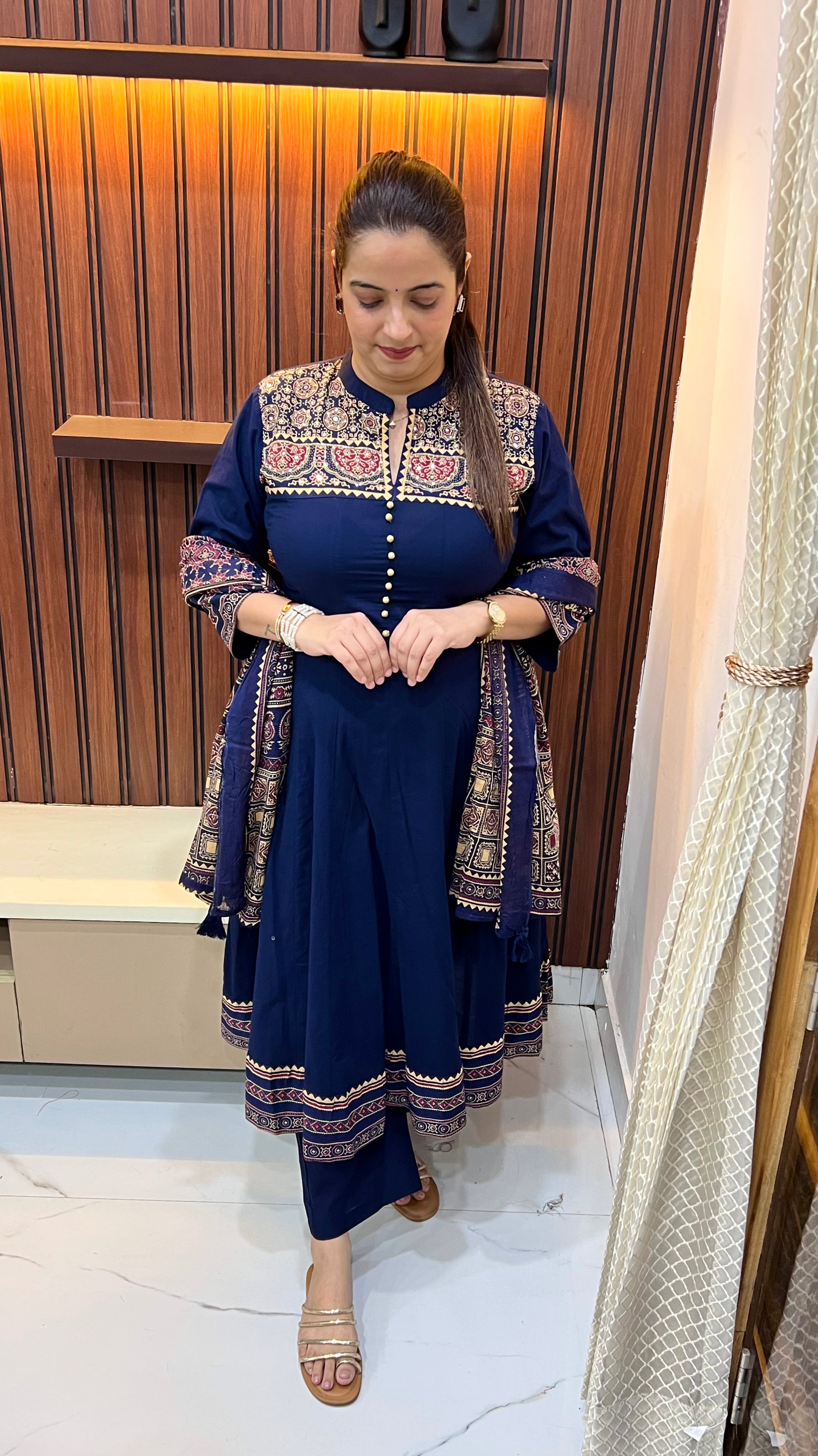 Artisanal Grandeur: Pure Cotton Ajrak Anarkali with Hand-Embroidered Detailing
