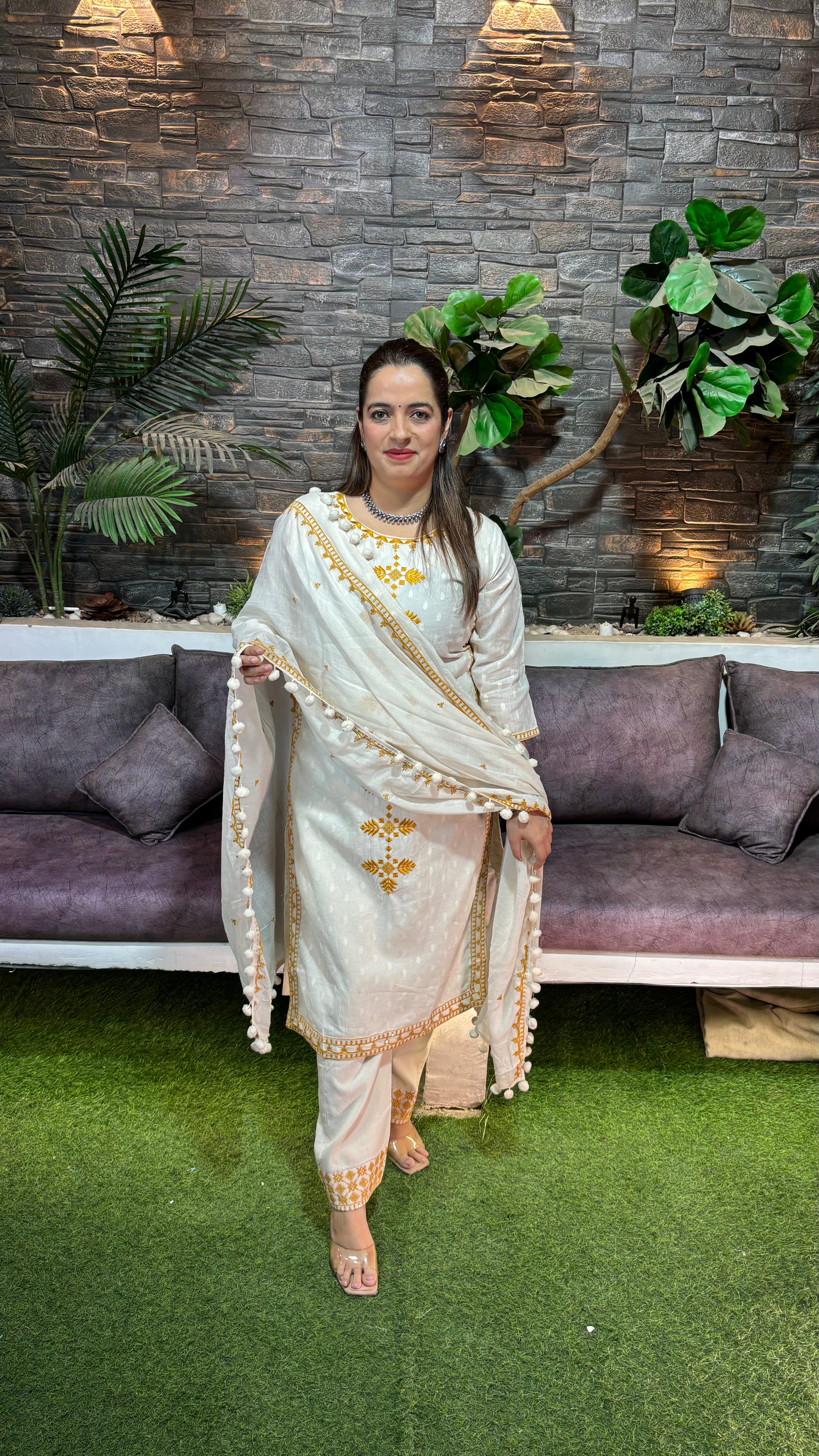 Mul Cotton Suit with Thread Embroidery & Pom-Pom Lace Dupatta