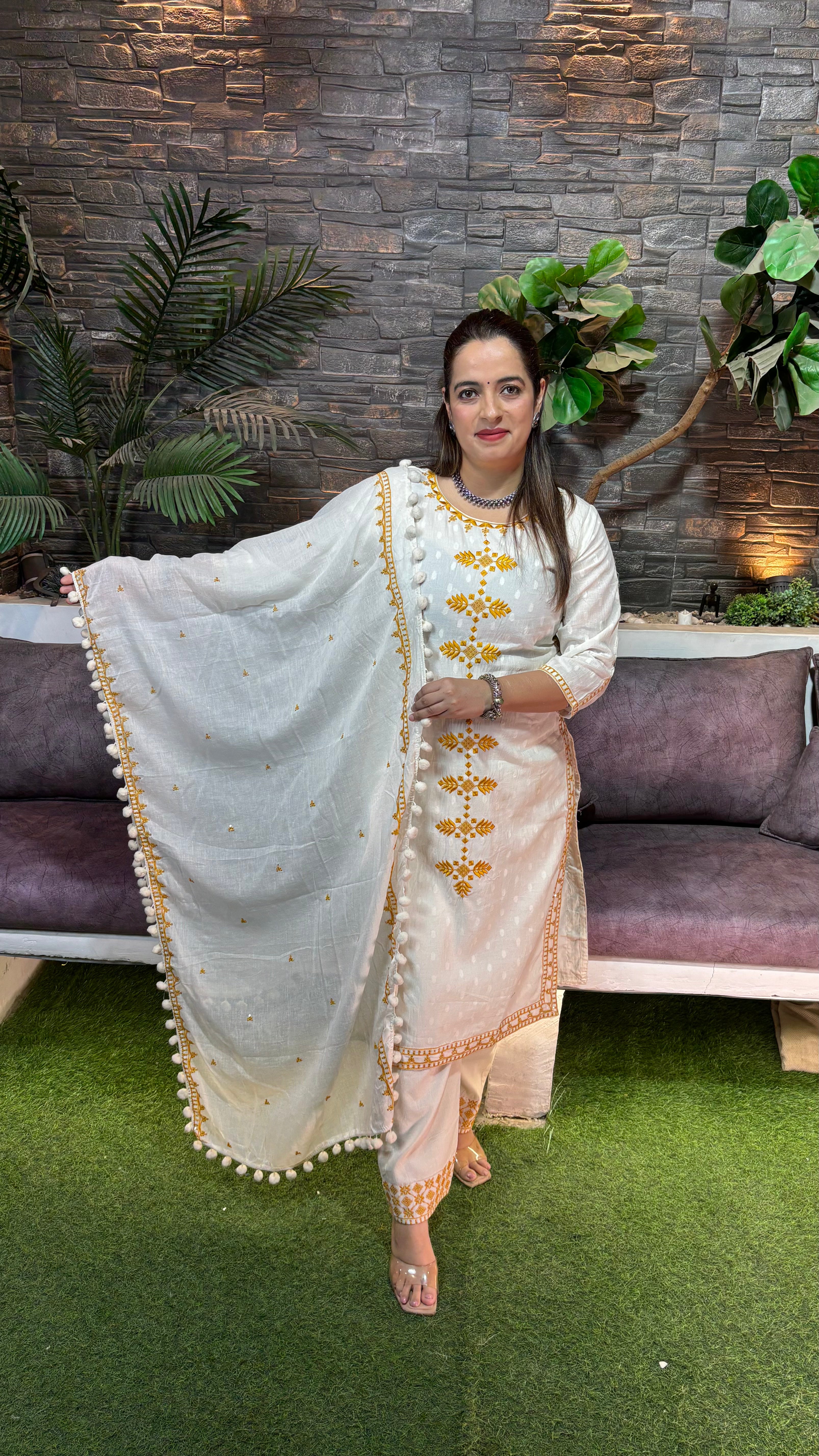 Mul Cotton Suit with Thread Embroidery & Pom-Pom Lace Dupatta