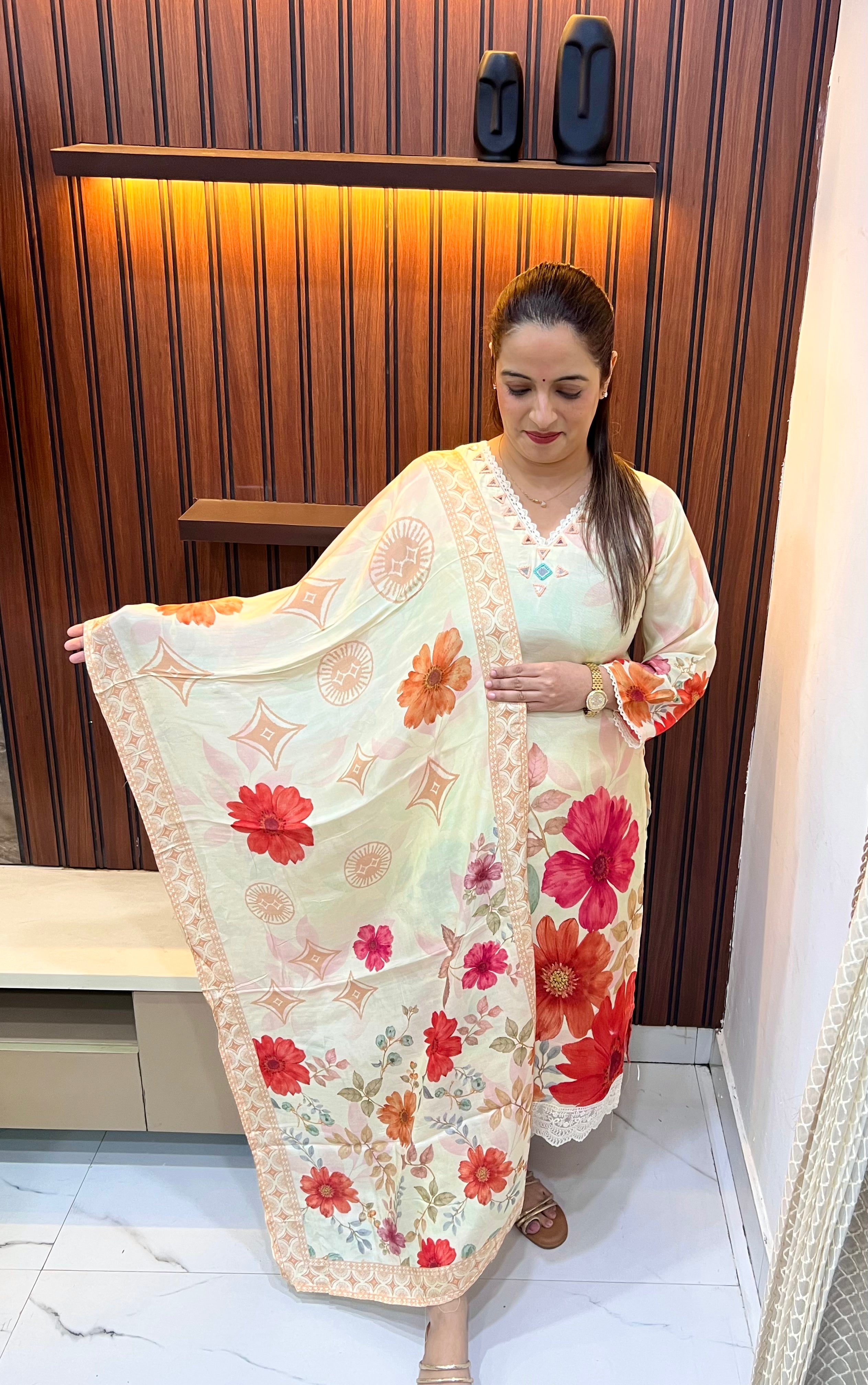 Fluid Elegance: Natural Crepe Suit with Digital Artistry & Mirror Work