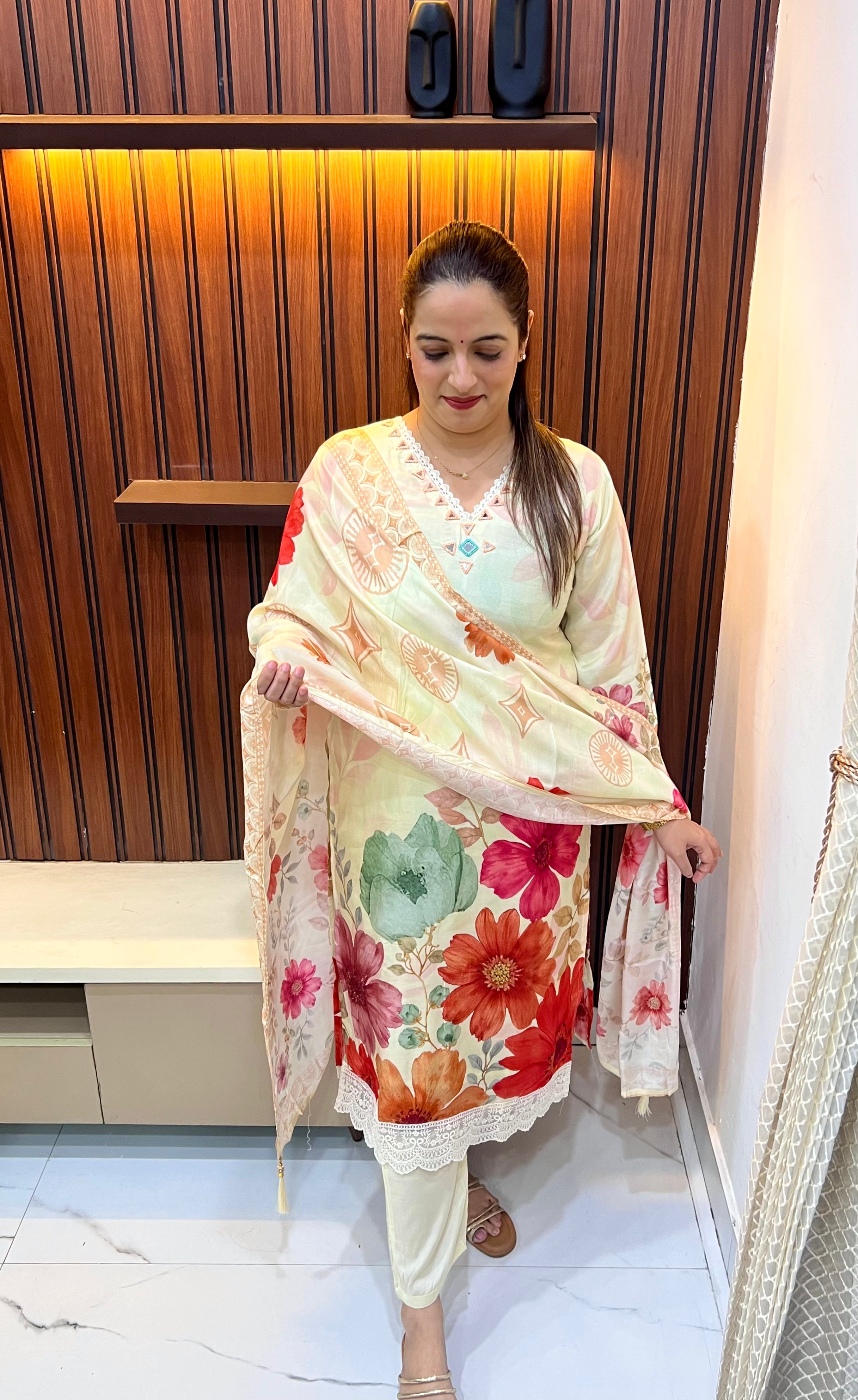 Fluid Elegance: Natural Crepe Suit with Digital Artistry & Mirror Work
