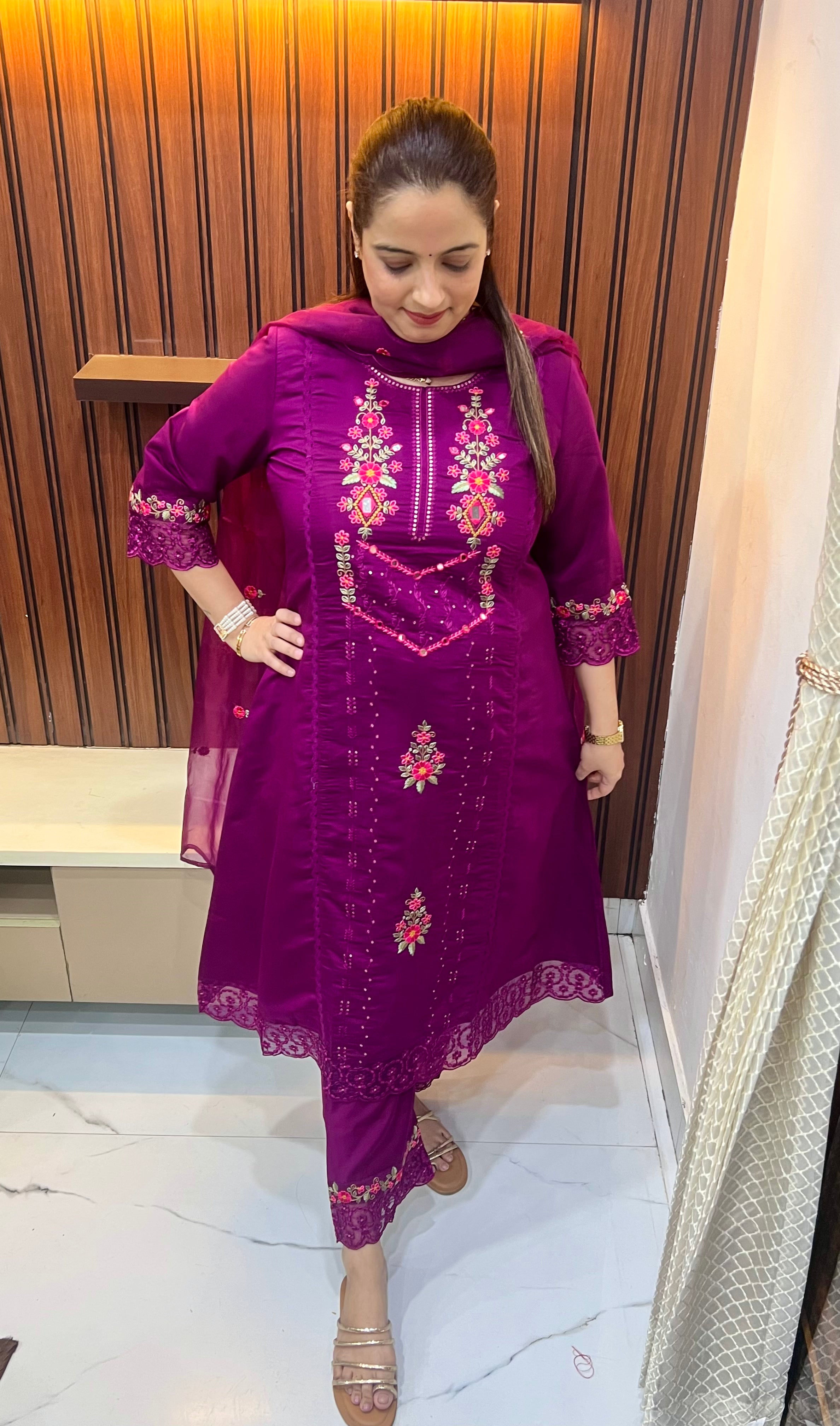 The Luminous Edit: Mul Chanderi A-Line Suit with Mirror Work & Organza Elegance