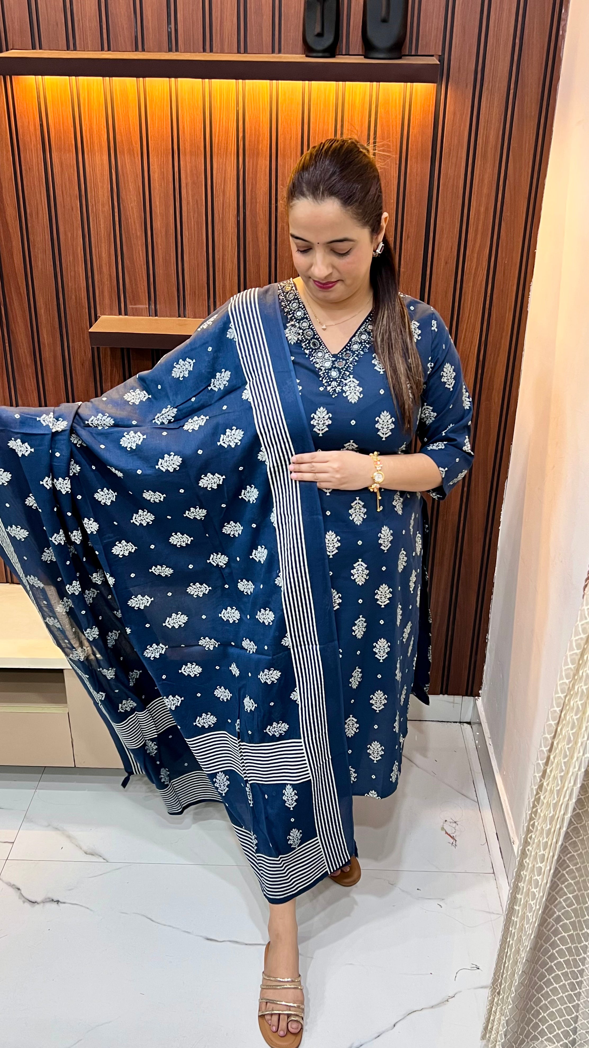 The Radiant Canvas: Pure Cotton Suit with Mirror, Pearls & Hand-Artistry