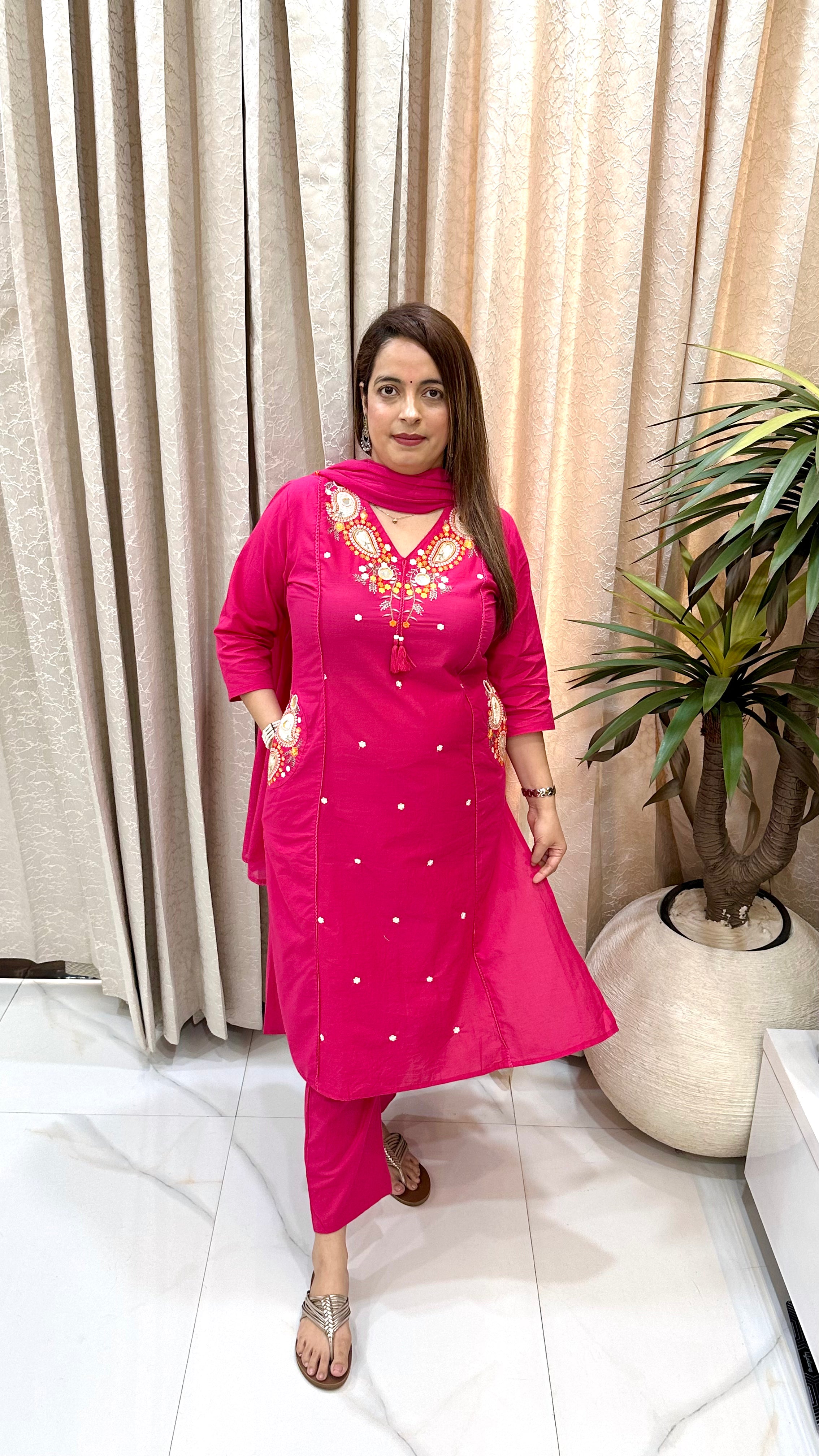 Pure Cotton Suit with Mirror & Thread Embroidery