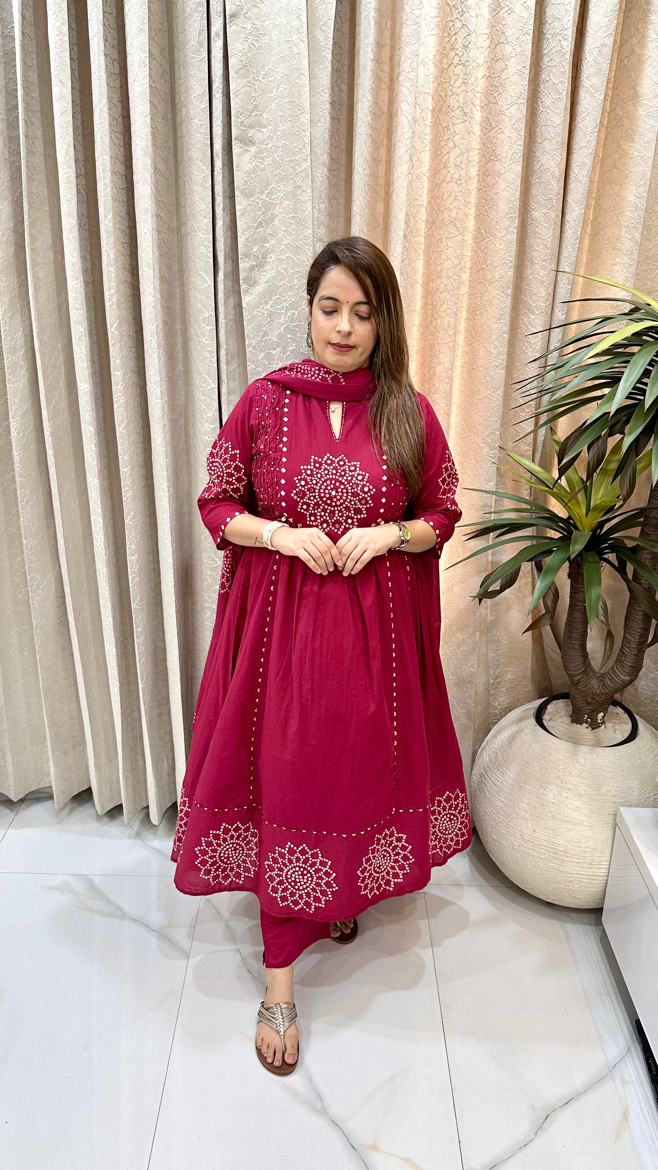 Bandhani-Inspired A-Line Suit with Mirror & Bead Accents