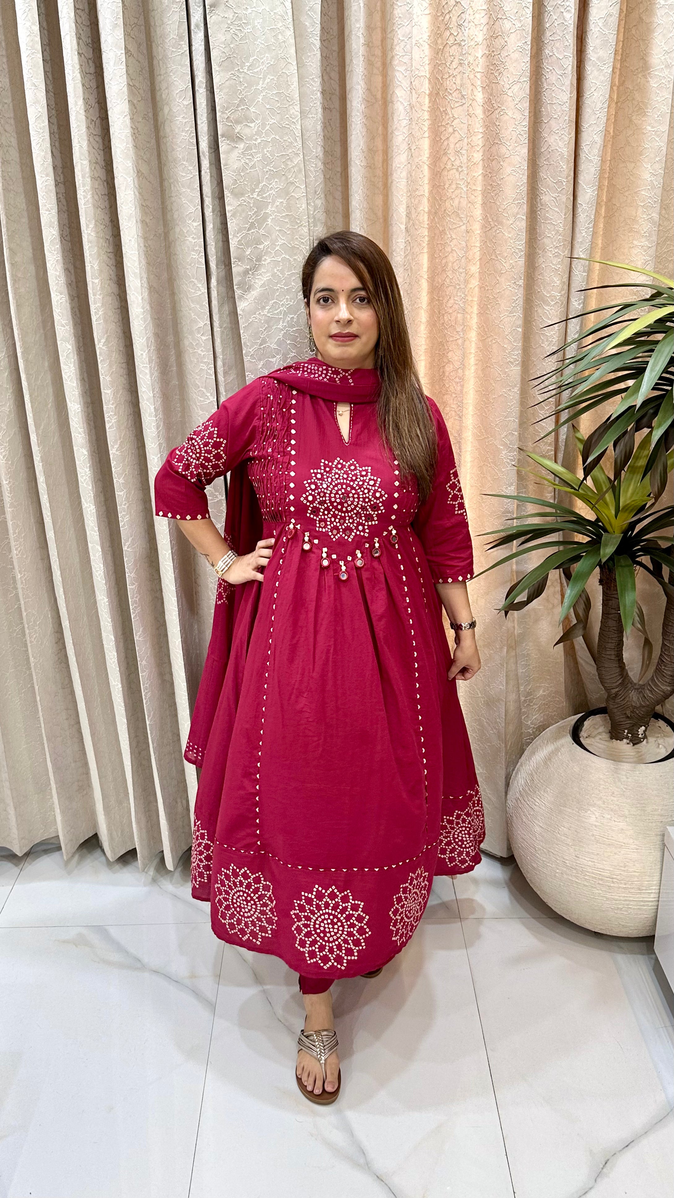 Bandhani-Inspired A-Line Suit with Mirror & Bead Accents