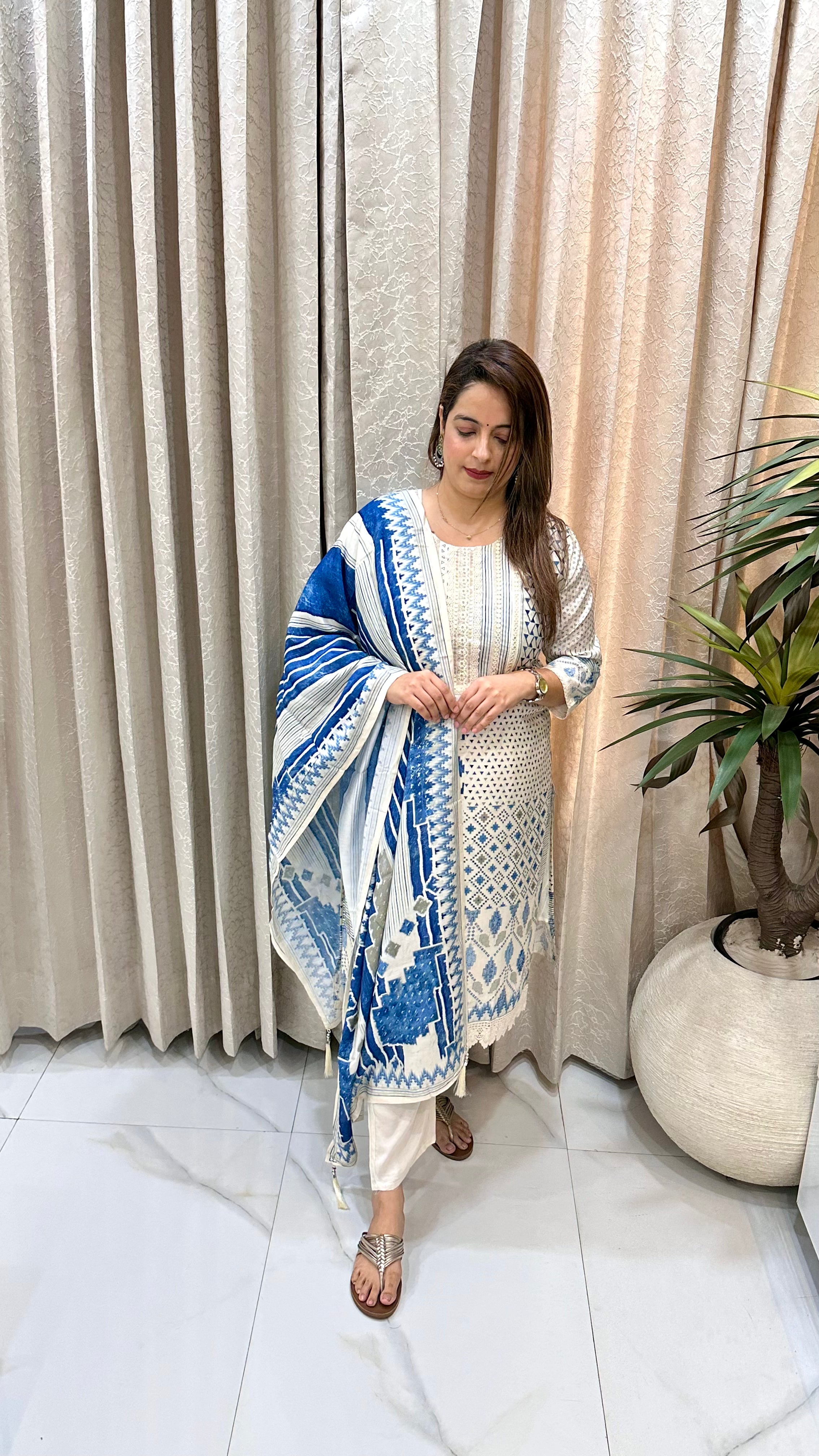 Natural Crepe Suit with Sequence Highlights & Shantoon Bottom