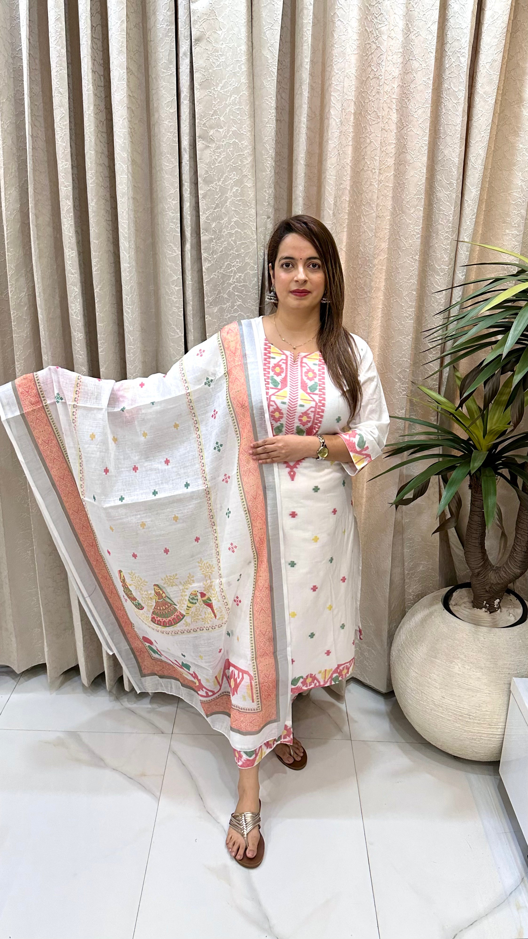 Pure Cotton Geometric Placement Print Suit with Maheshwari Dupatta