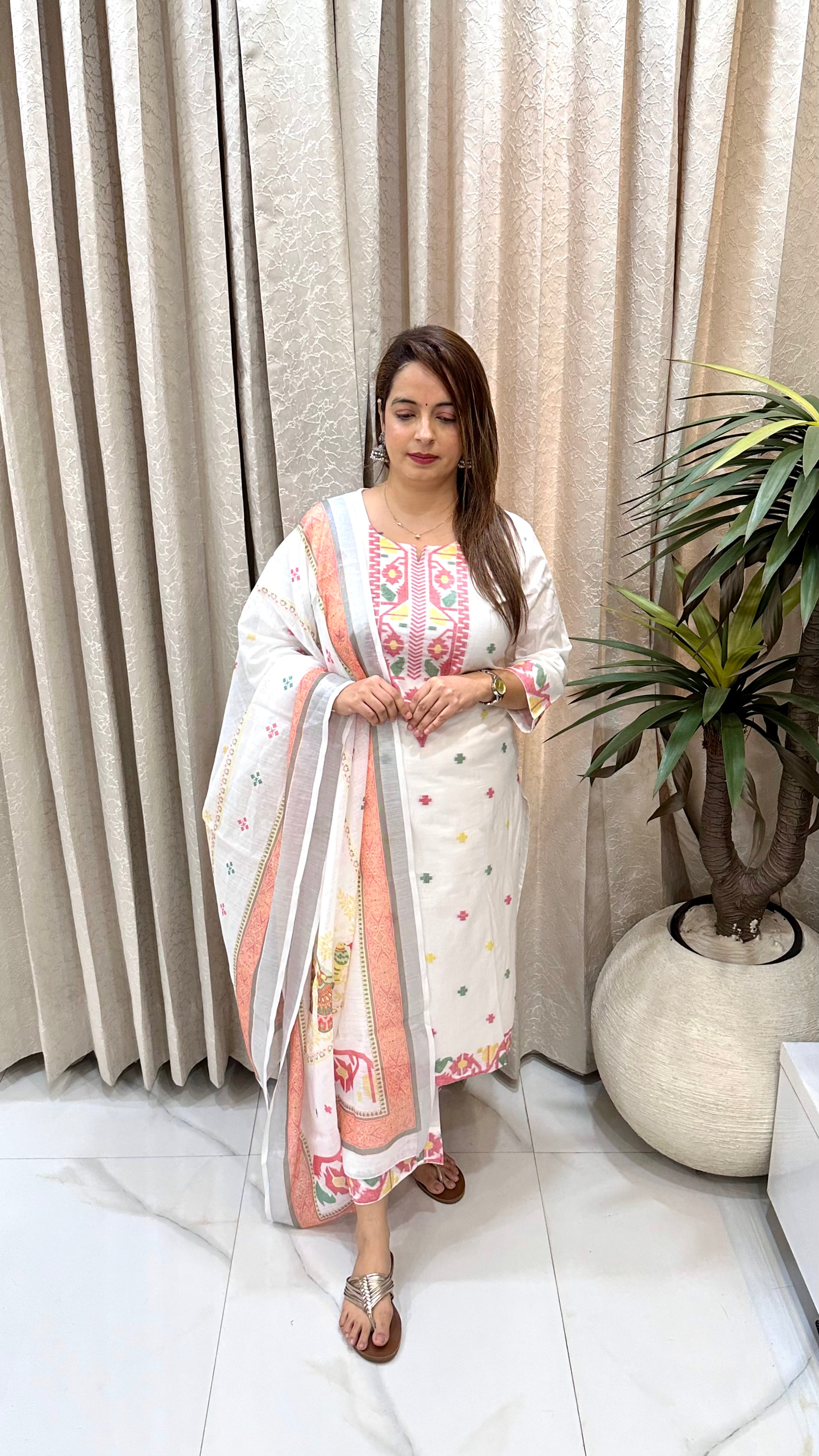 Pure Cotton Geometric Placement Print Suit with Maheshwari Dupatta