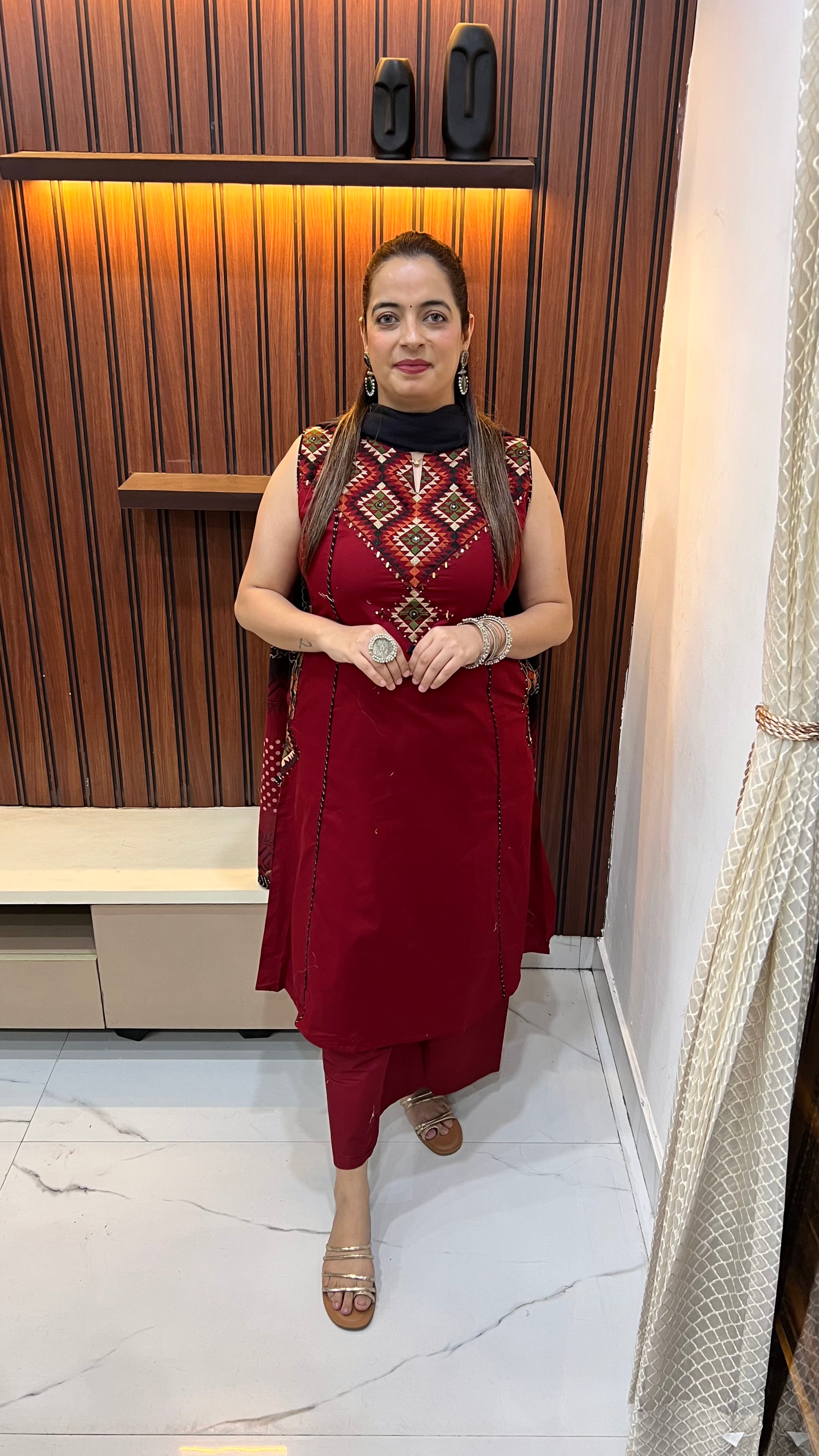 The Heritage A-Line: Gujarati Fusion Suit with Princess Cut & Mirror Artistry