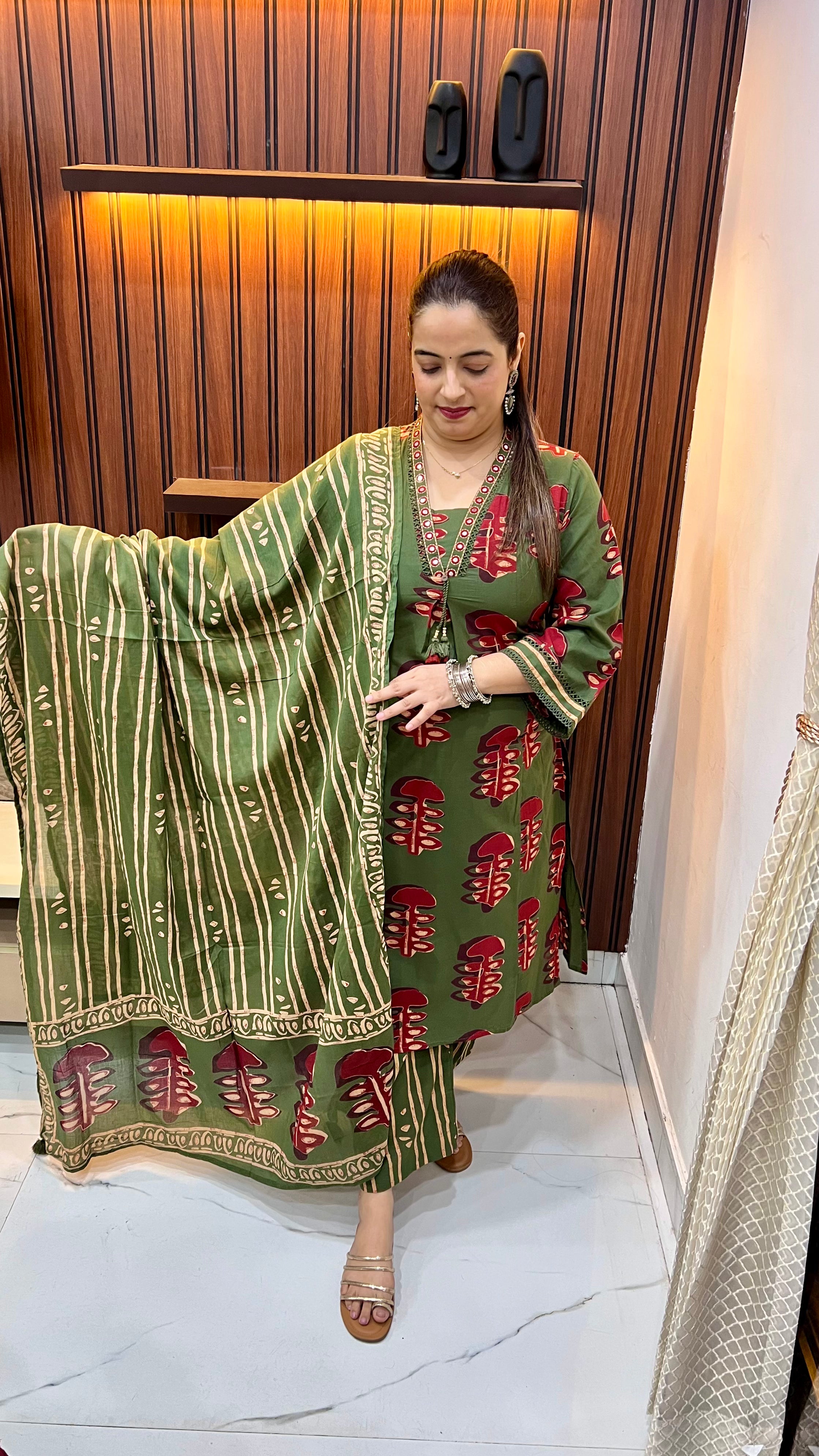 The Bohemian Chic: Pure Cotton Suit with Crochet Artistry & Mirror Radiance