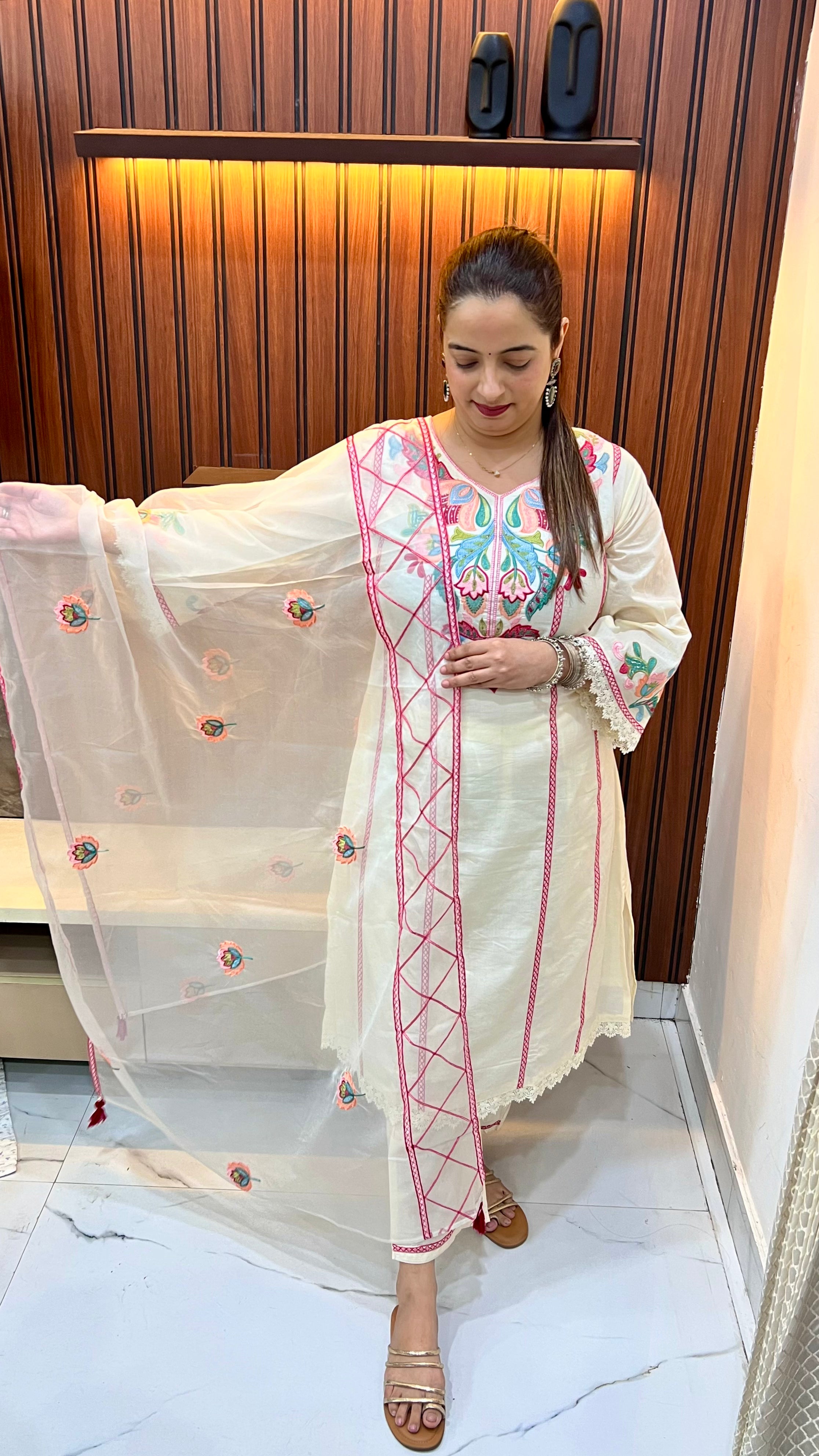 The Masterpiece Collective: Pure Cotton Suit with Mirror Work & Heritage Print Fusion