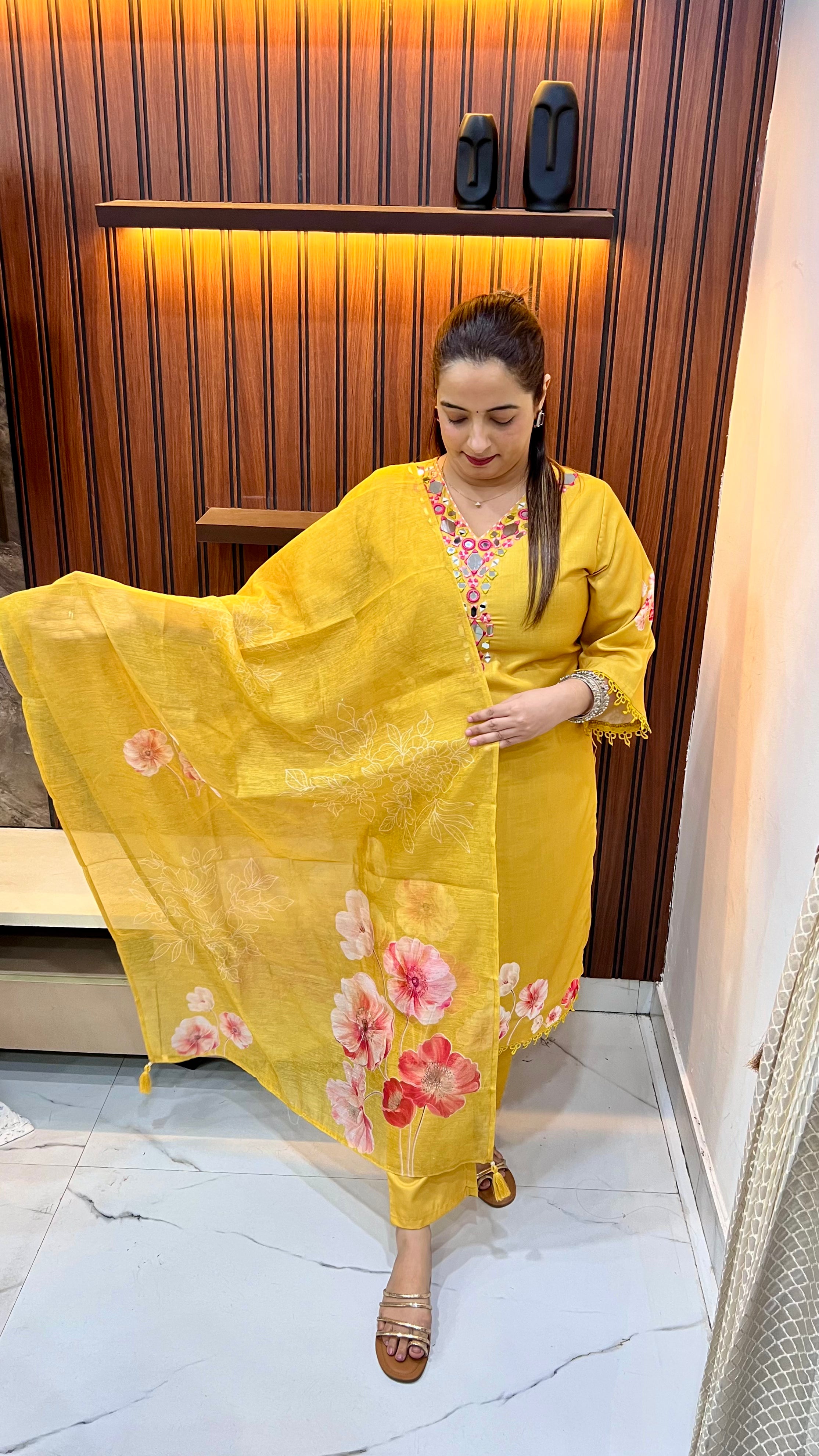 The Regal Texture: Linen Mirror Work Suit with Mul Chanderi & Pearl Artistry