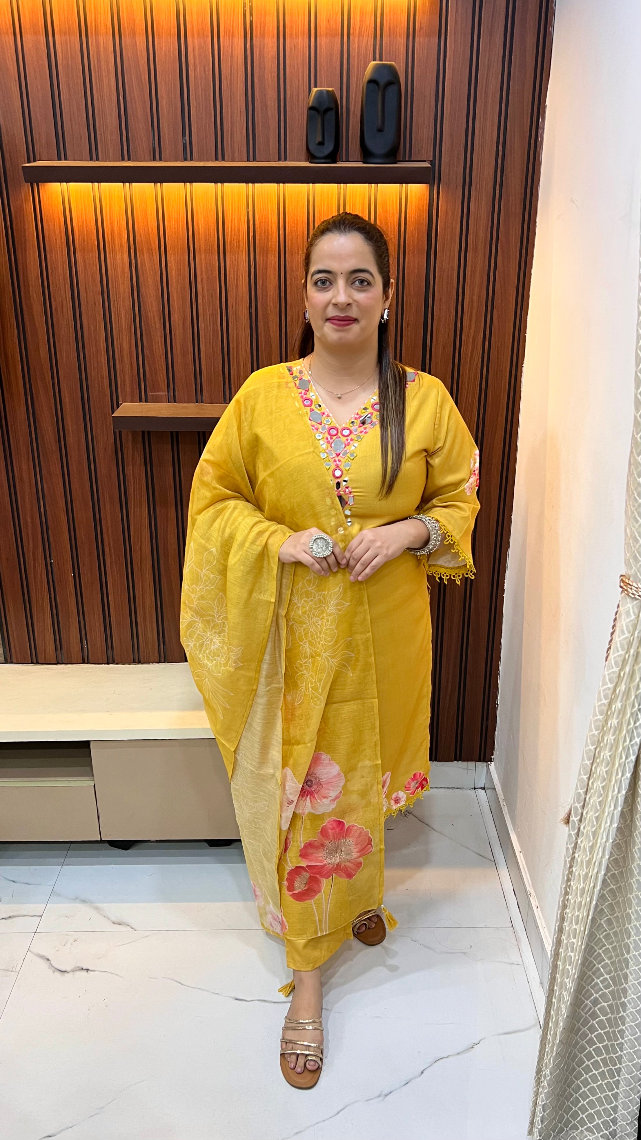 The Regal Texture: Linen Mirror Work Suit with Mul Chanderi & Pearl Artistry