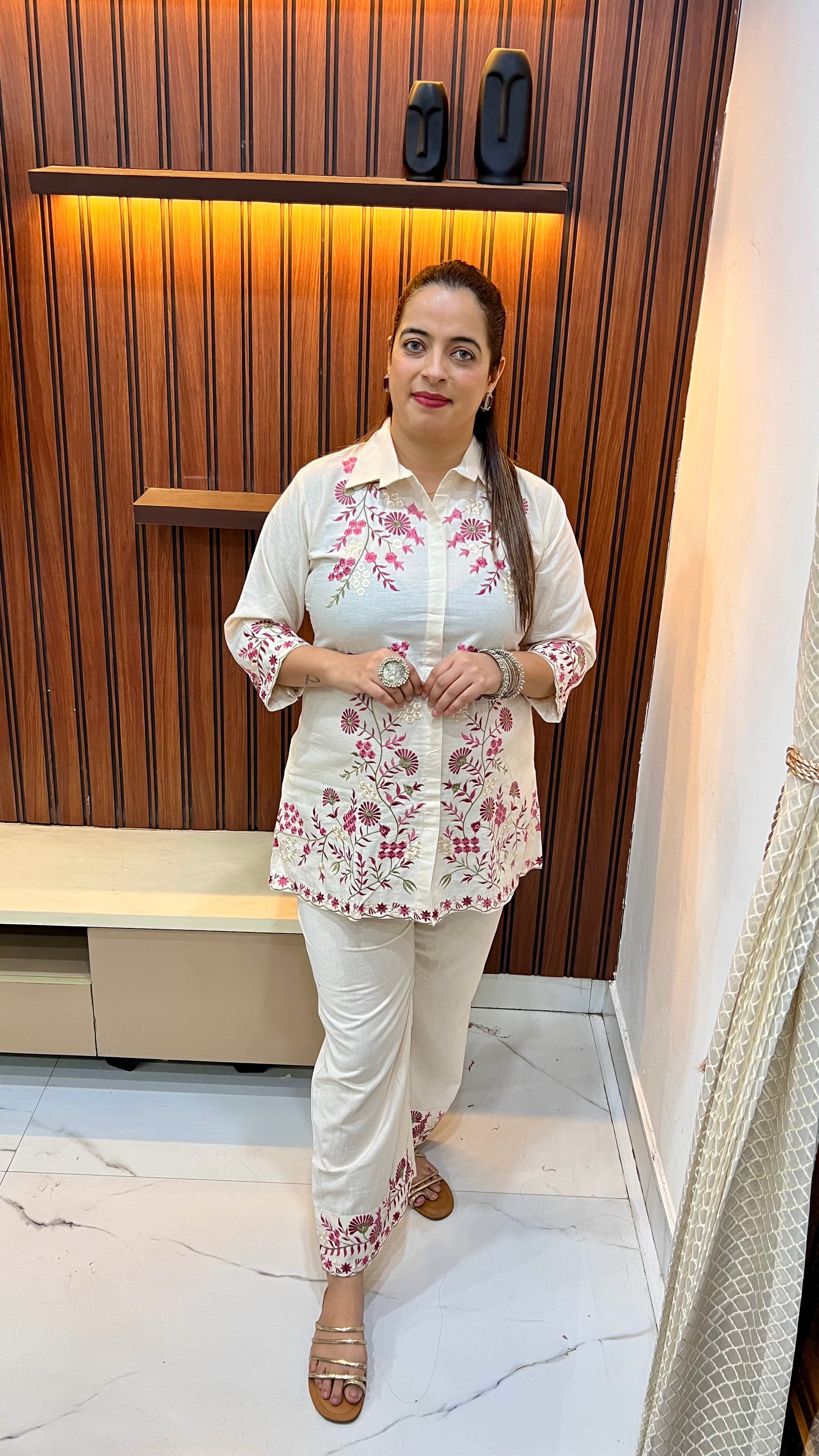 The Artisanal Edge: Pure Cotton Co-ord Set with Thread Embroidery & Palazzo Flair