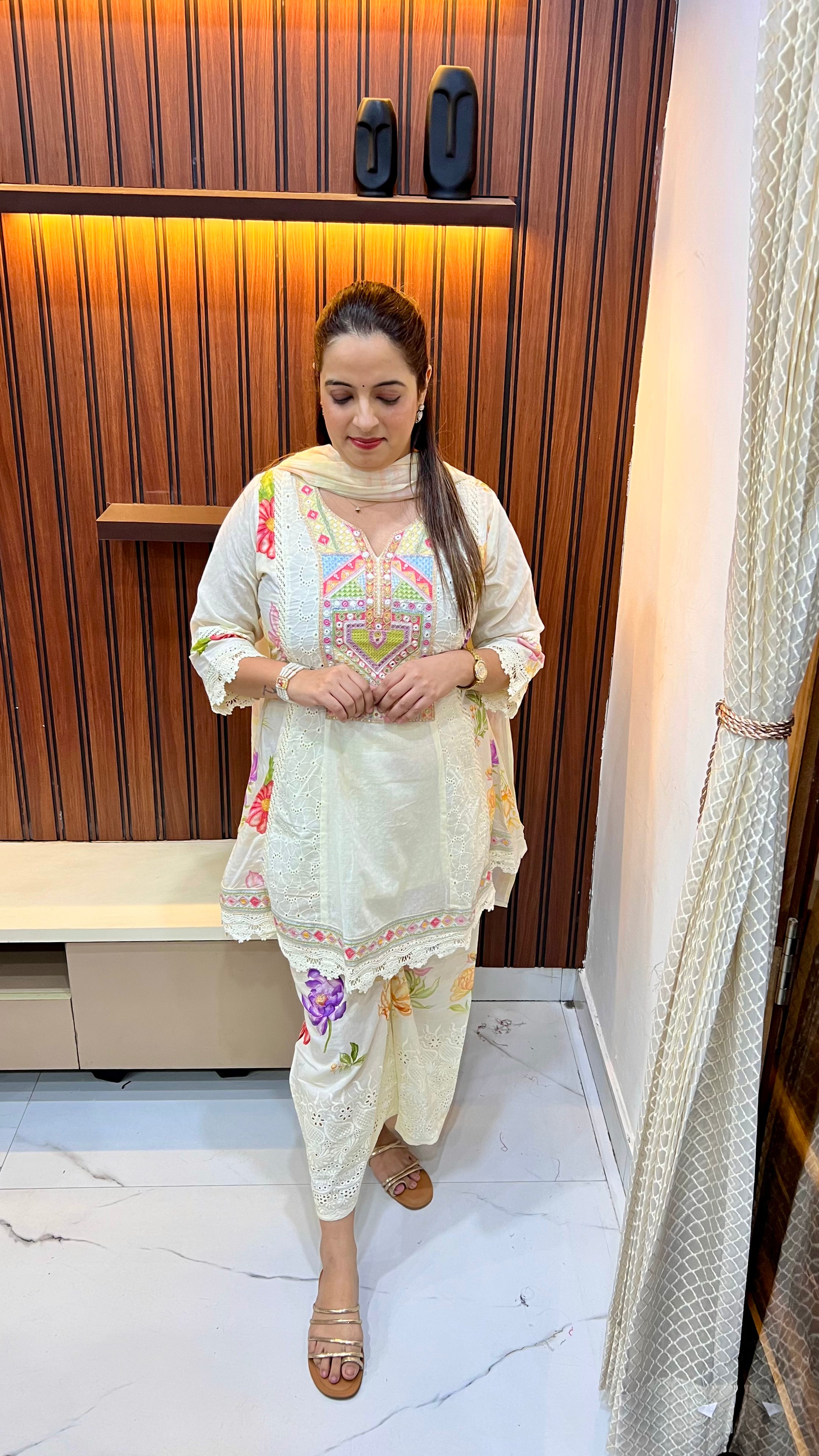 ✨ The Botanical Breeze: Pure Cotton Floral Schiffli Anarkali Suit with Crochet Artistry ✨