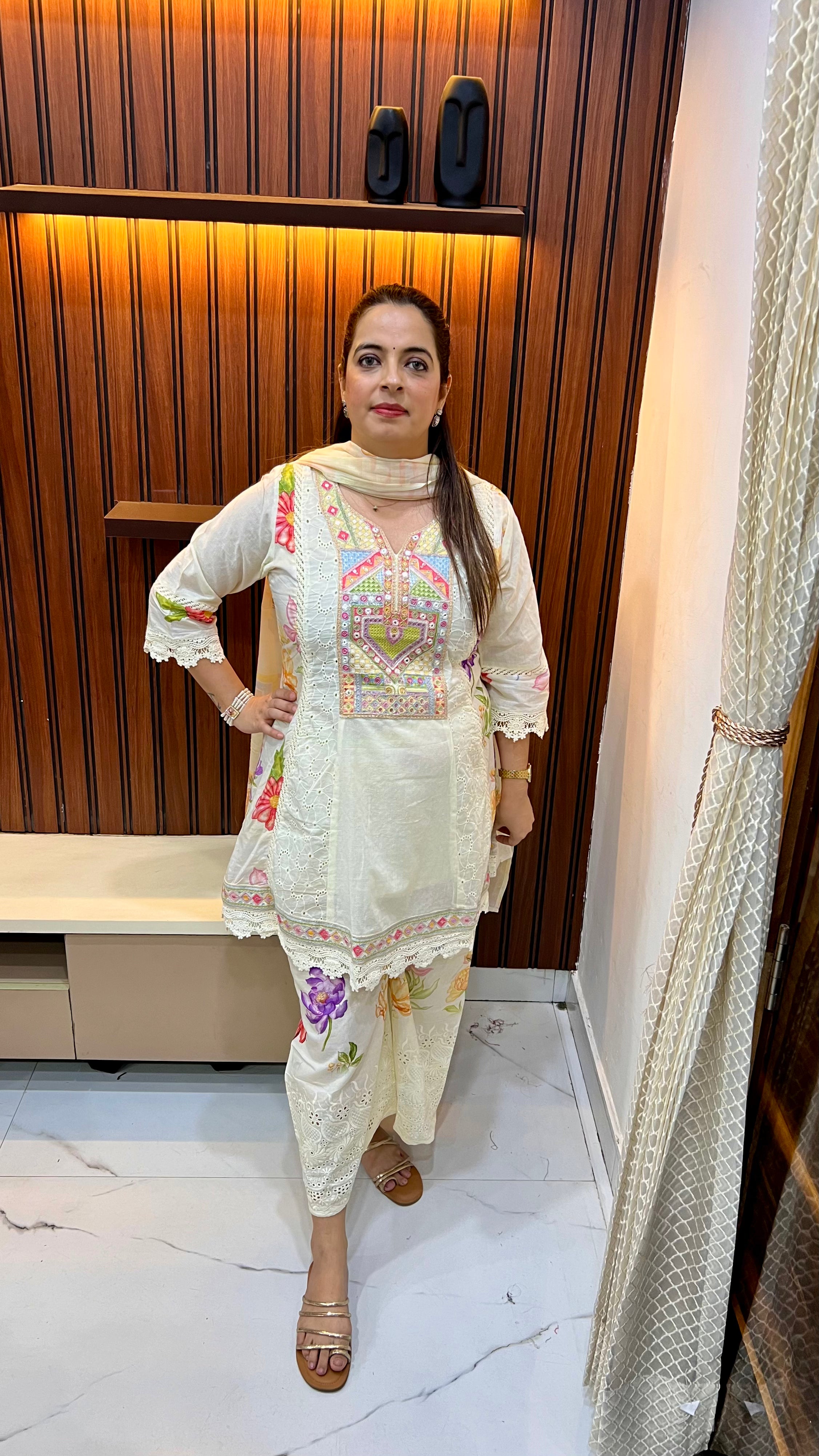 ✨ The Botanical Breeze: Pure Cotton Floral Schiffli Anarkali Suit with Crochet Artistry ✨