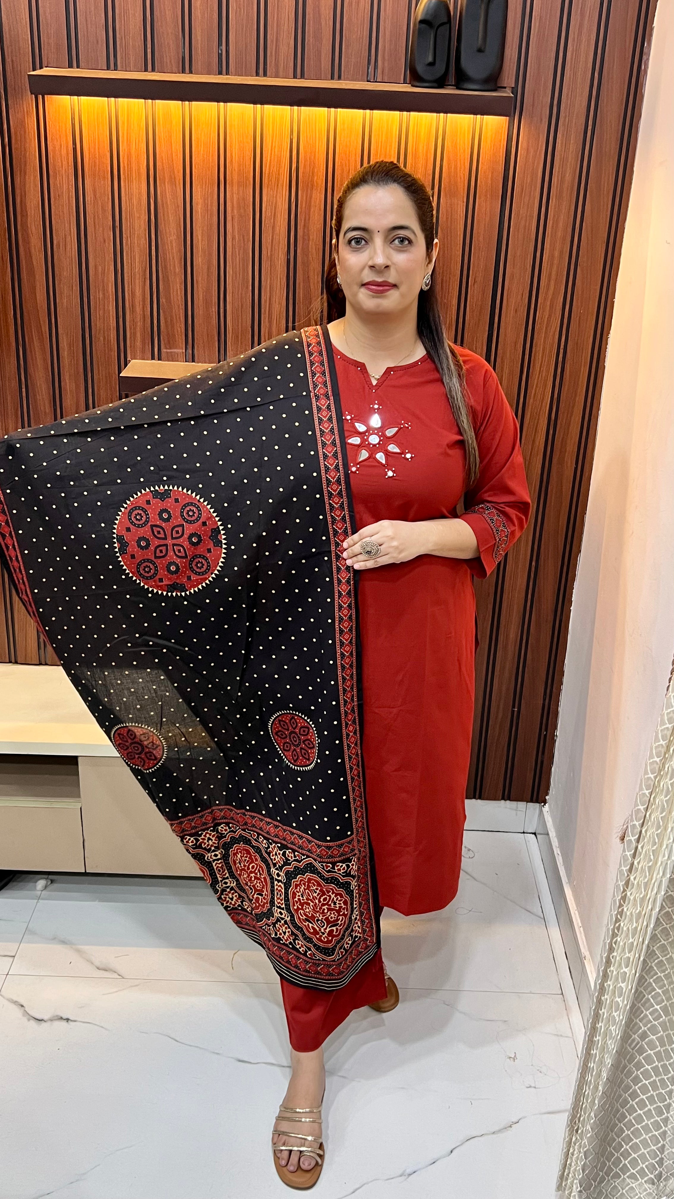 ✨ The Ajrakh Fusion: Pure Cotton Hand-Embroidered Suit with Mirror & Katha Work ✨