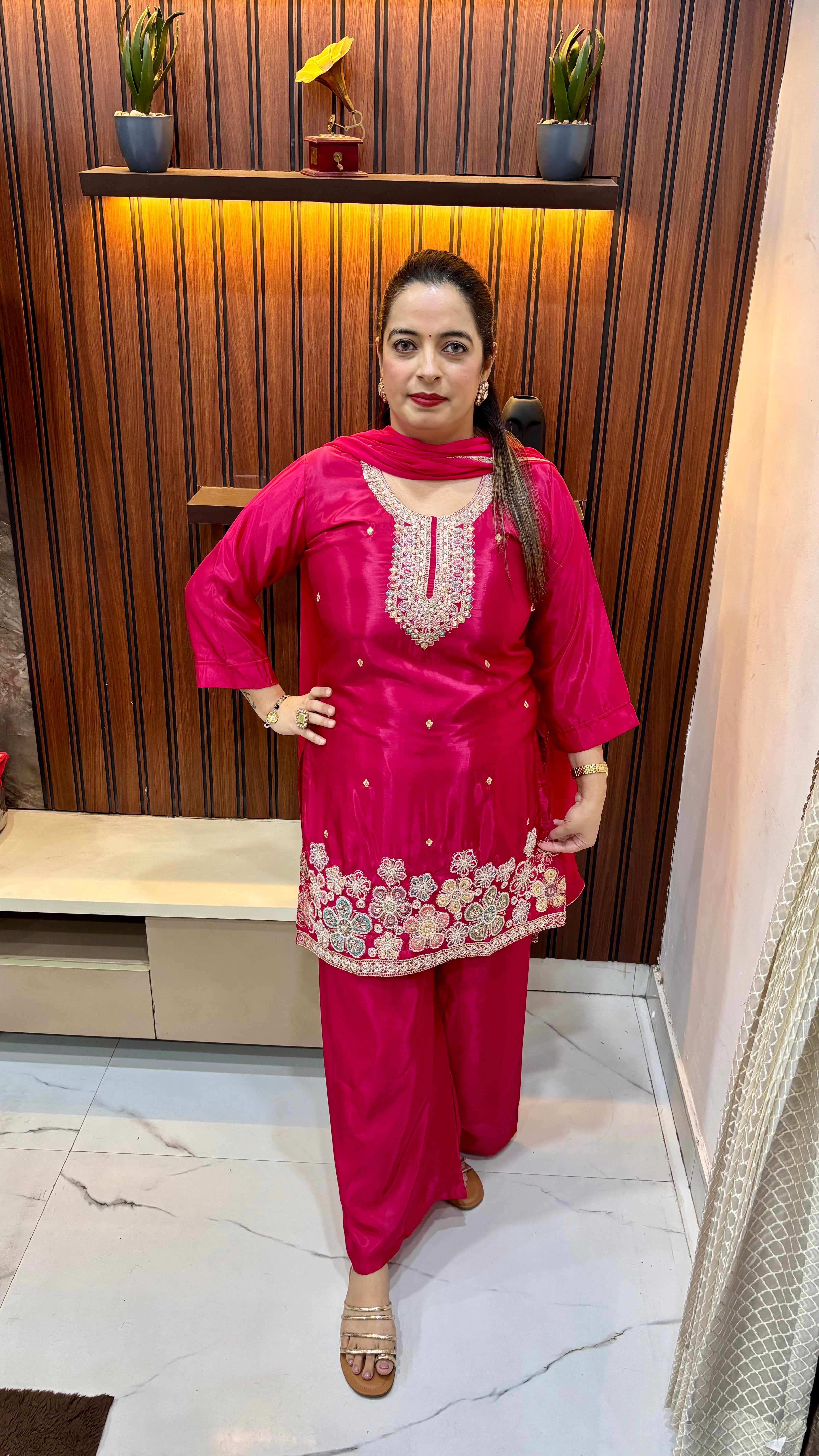 Pure Natural Crepe Suit with Hand Embroidery & Chiffon Dupatta