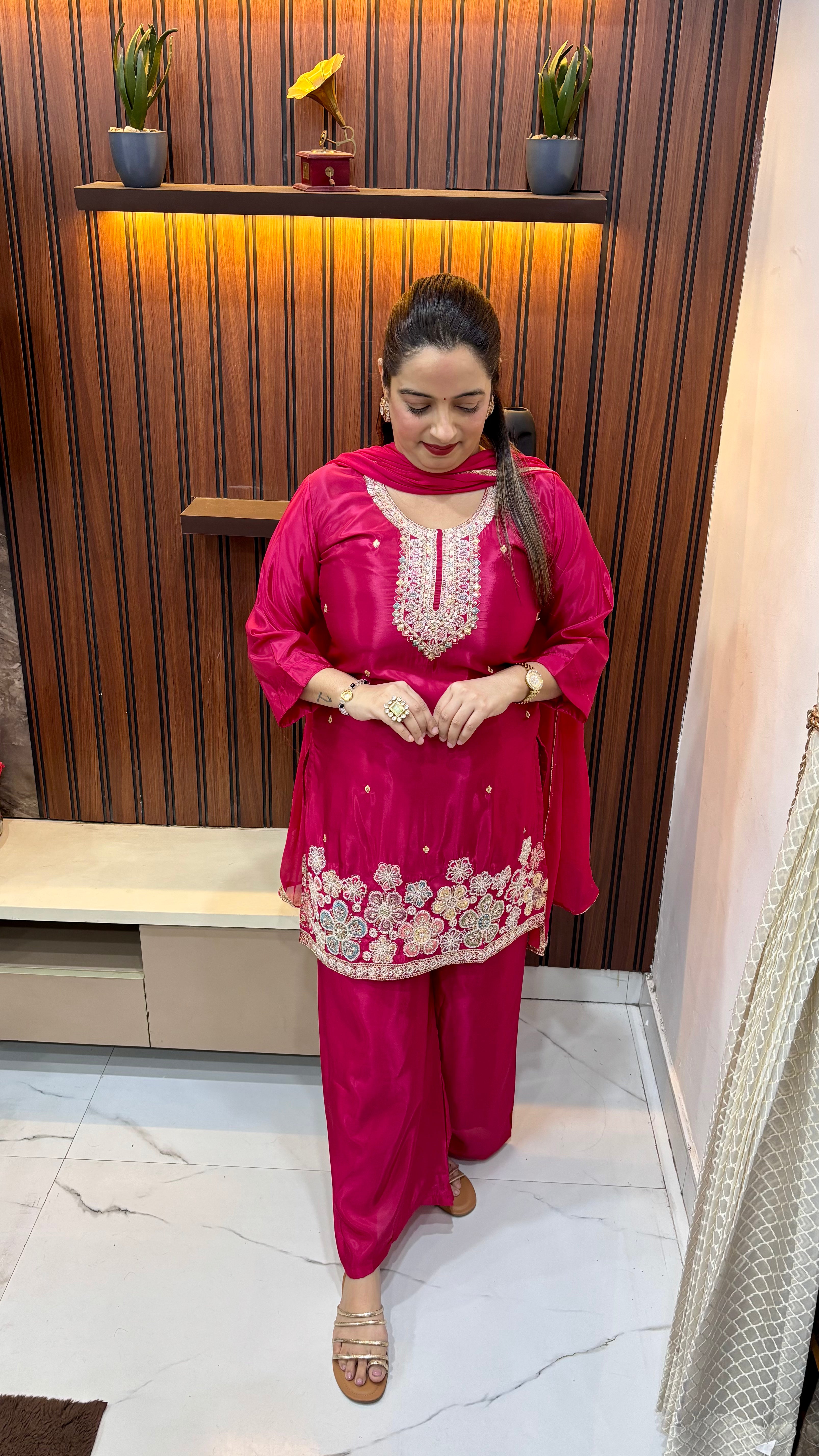 Pure Natural Crepe Suit with Hand Embroidery & Chiffon Dupatta