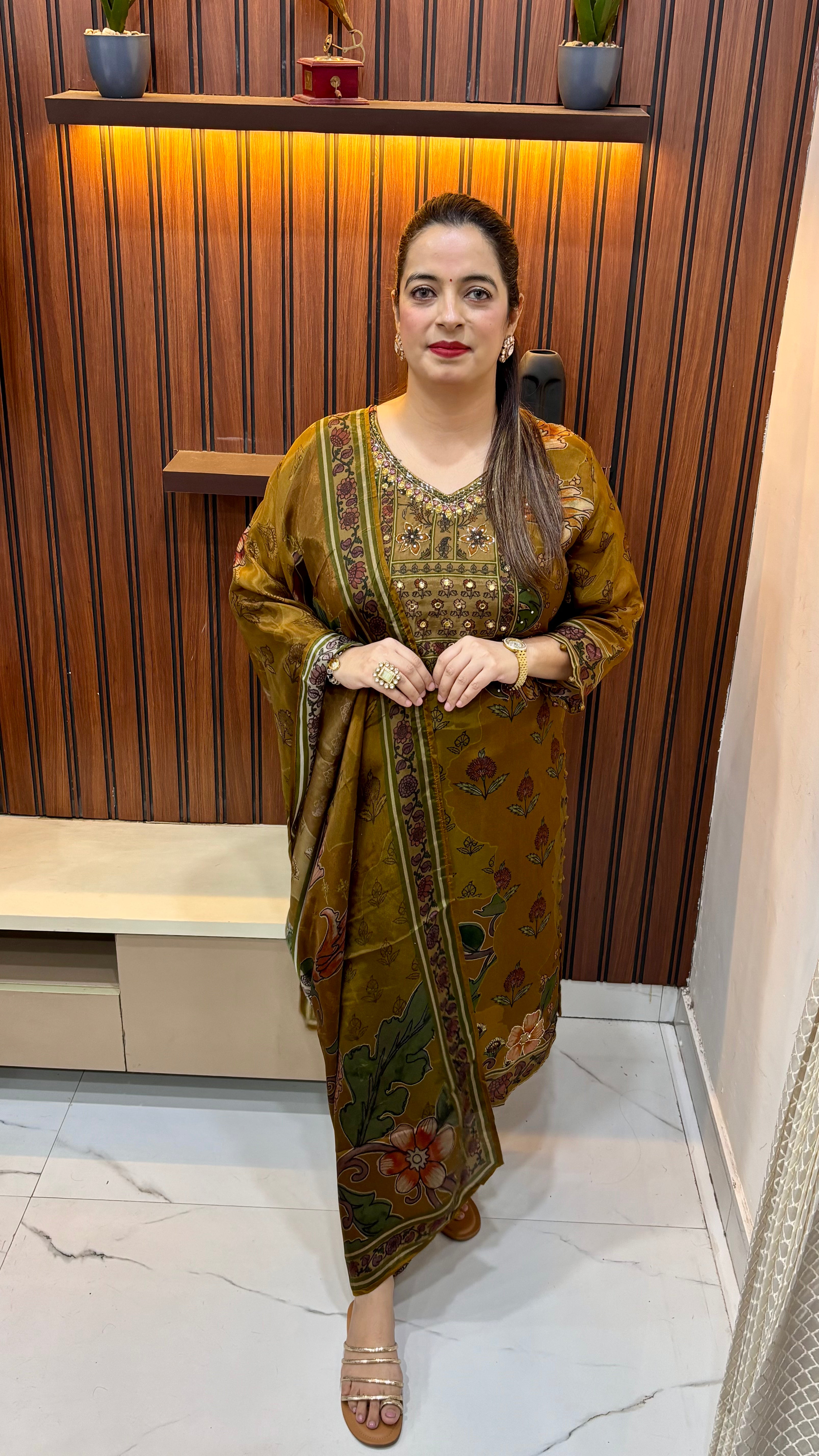 Russian Crepe Suit with All-Over Hand Embroidery, Thread & Mirror Work