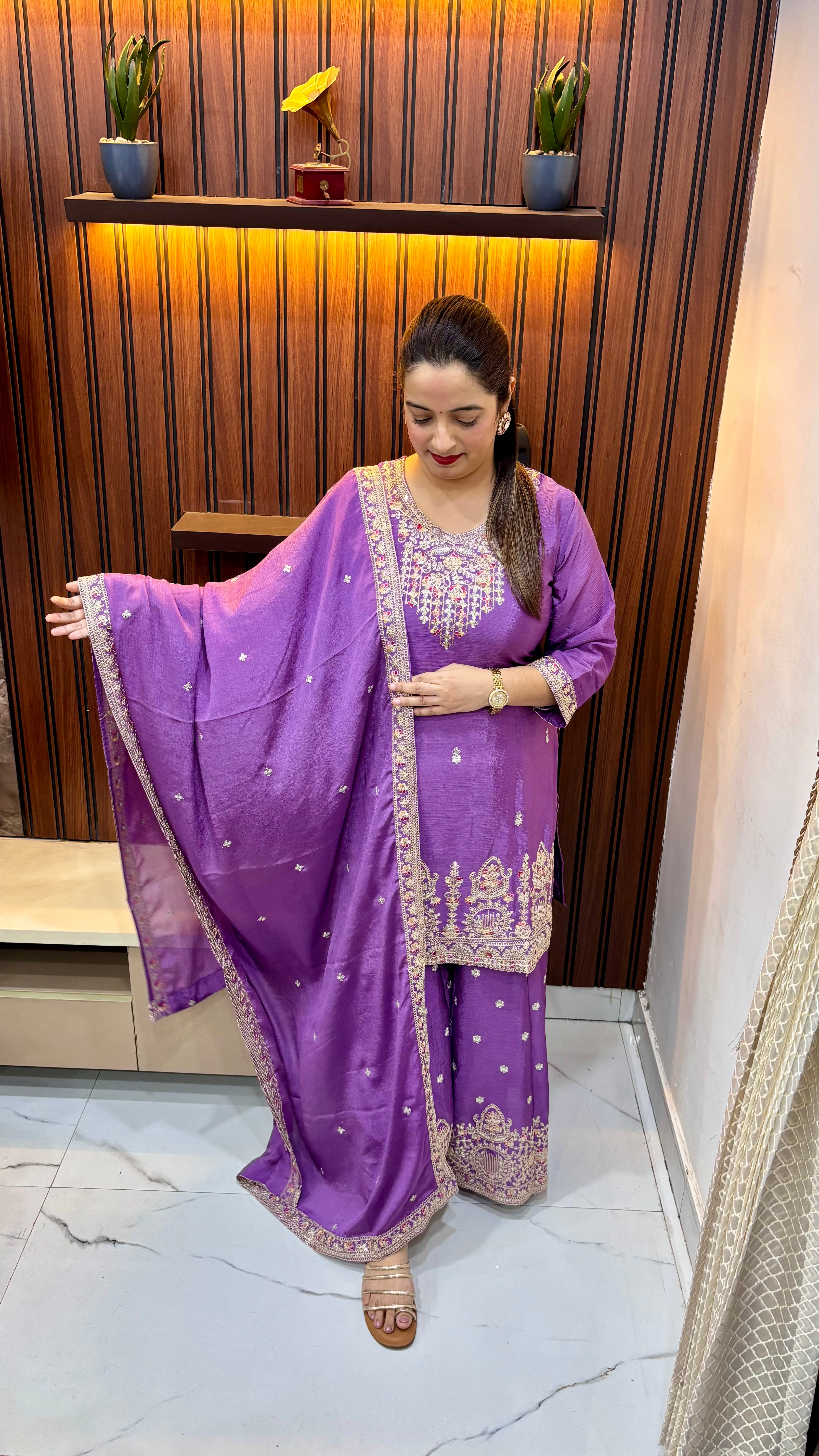Chinon Silk Suit with Hand Embroidery & Heavy Work Sharara