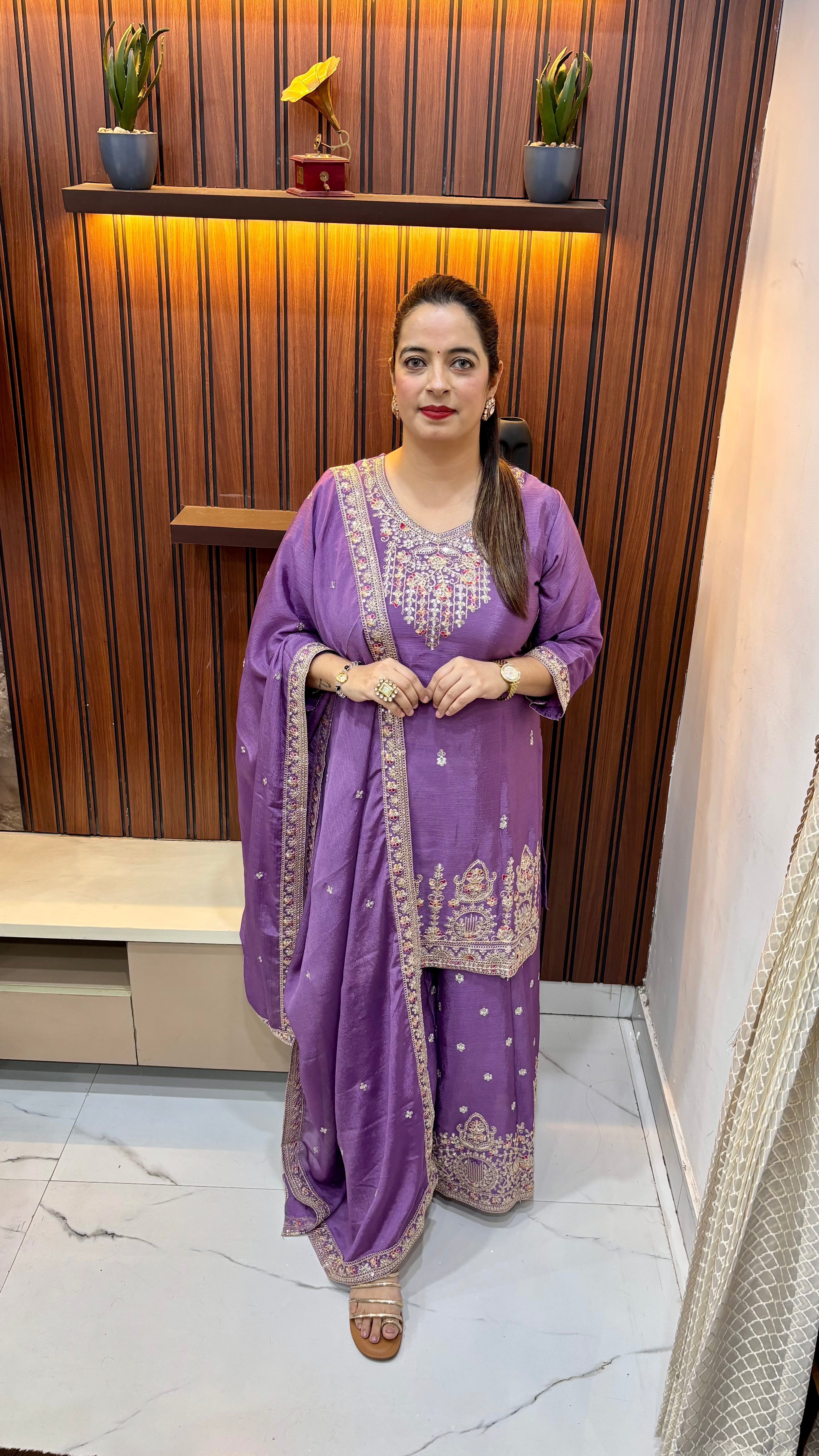 Chinon Silk Suit with Hand Embroidery & Heavy Work Sharara